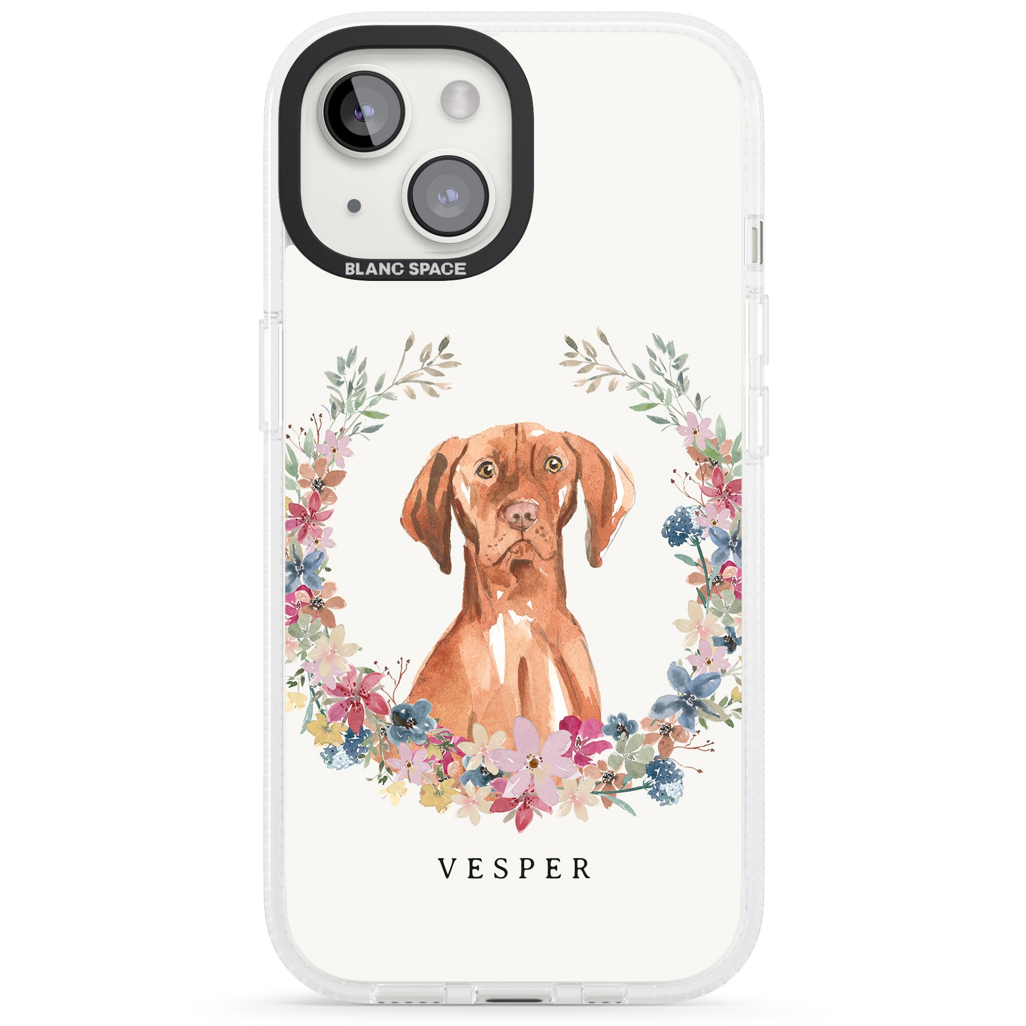 Personalised Hungarian Vizsla - Watercolour Dog Portrait iPhone 15 / 14 / 13 Clear Case Impact Air - Blanc Space