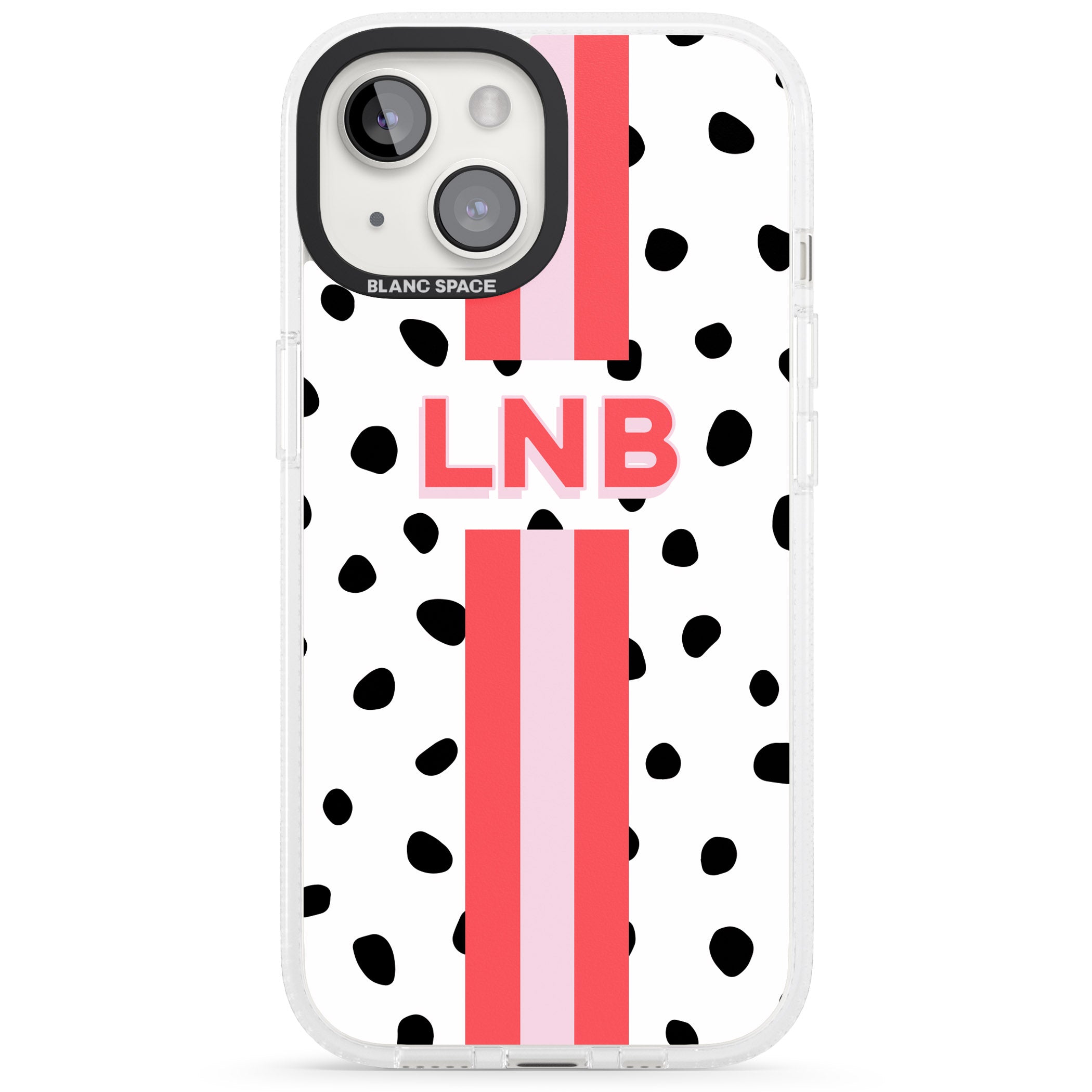 Personalised Polka & Pink Stripe iPhone 15 / 14 / 13 Clear Case Impact Air - Blanc Space