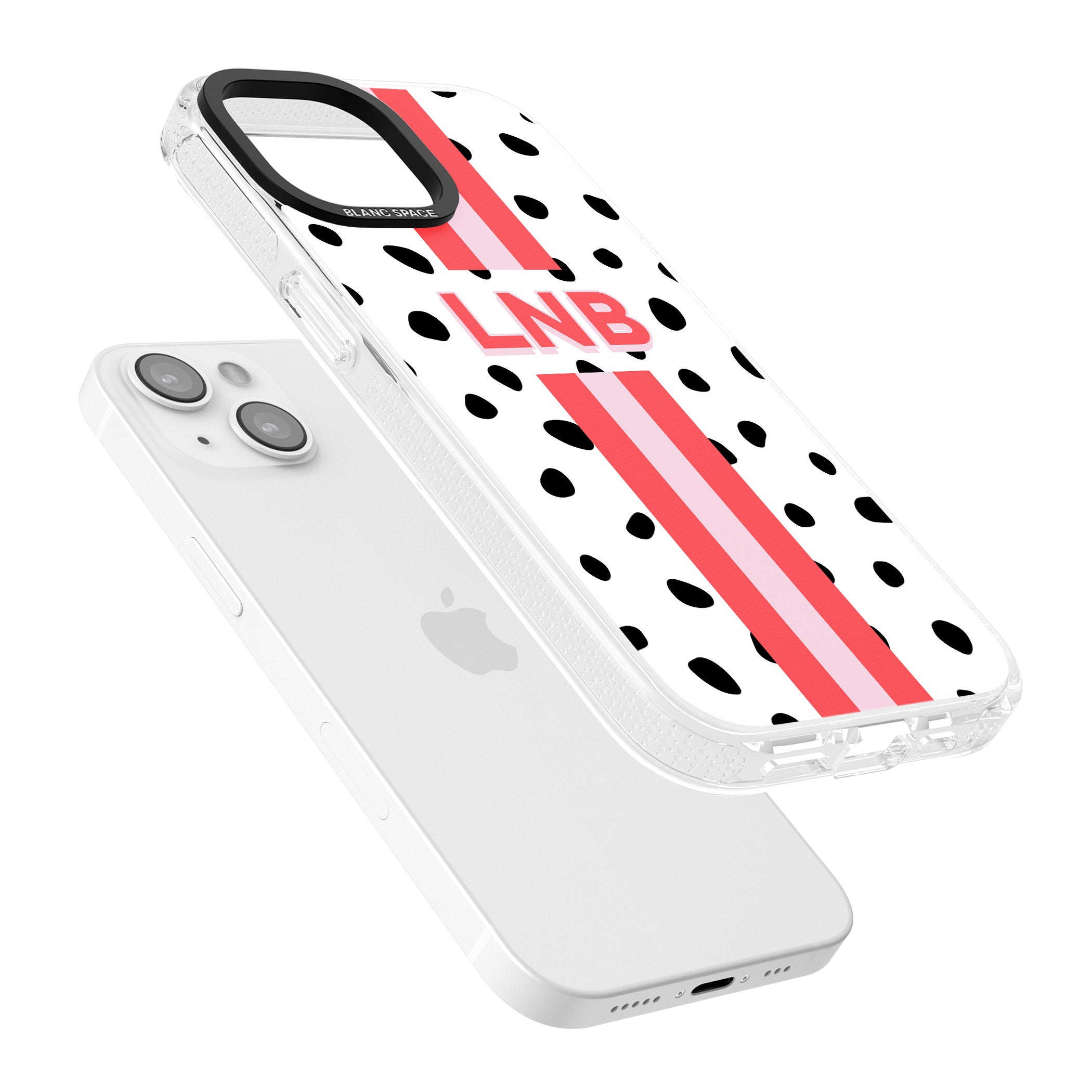 Personalised Polka & Pink Stripe iPhone 15 / 14 / 13 Clear Case Impact Air - Blanc Space