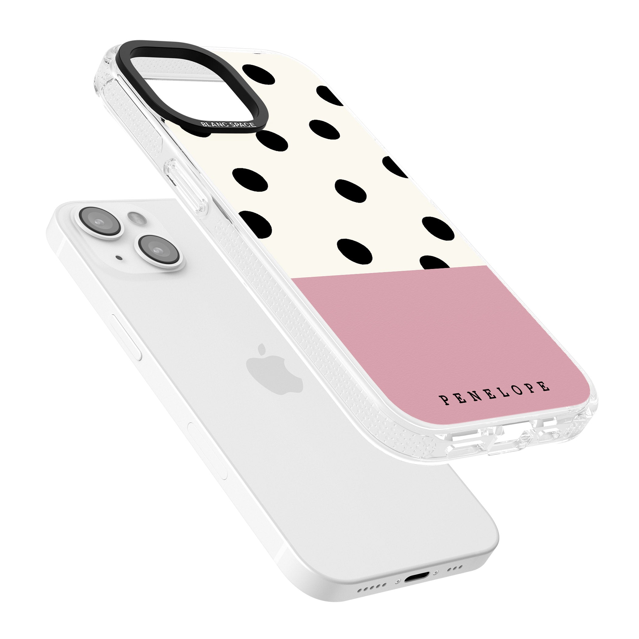 Personalised Pink Border Polka Dot iPhone 15 / 14 / 13 Clear Case Impact Air - Blanc Space