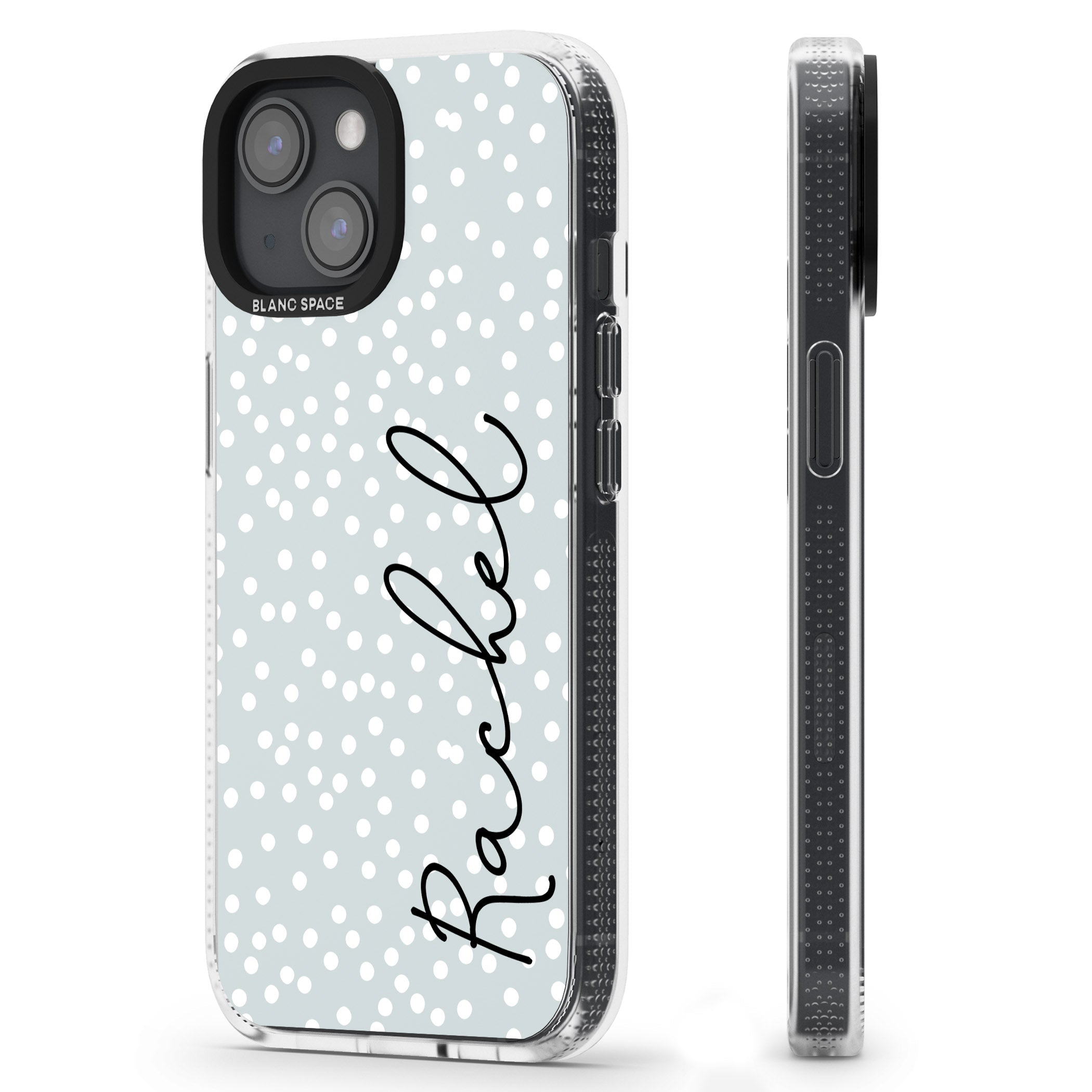 Personalised Vertical Cursive & Dots iPhone 15 / 14 / 13 Clear Case Impact Air - Blanc Space