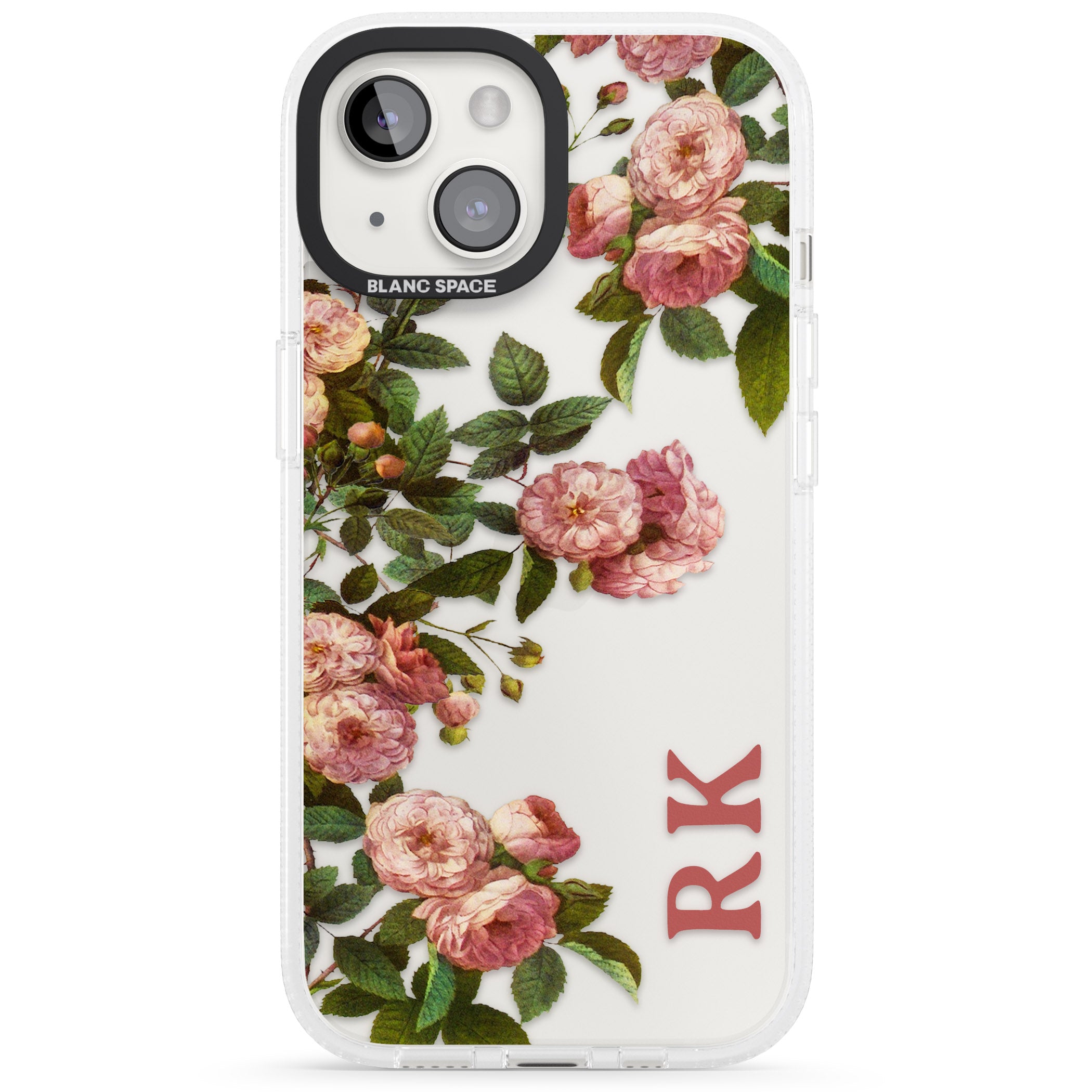 Personalised Clear Vintage Floral Pink Garden Roses iPhone 15 / 14 / 13 Clear Case Impact Air - Blanc Space