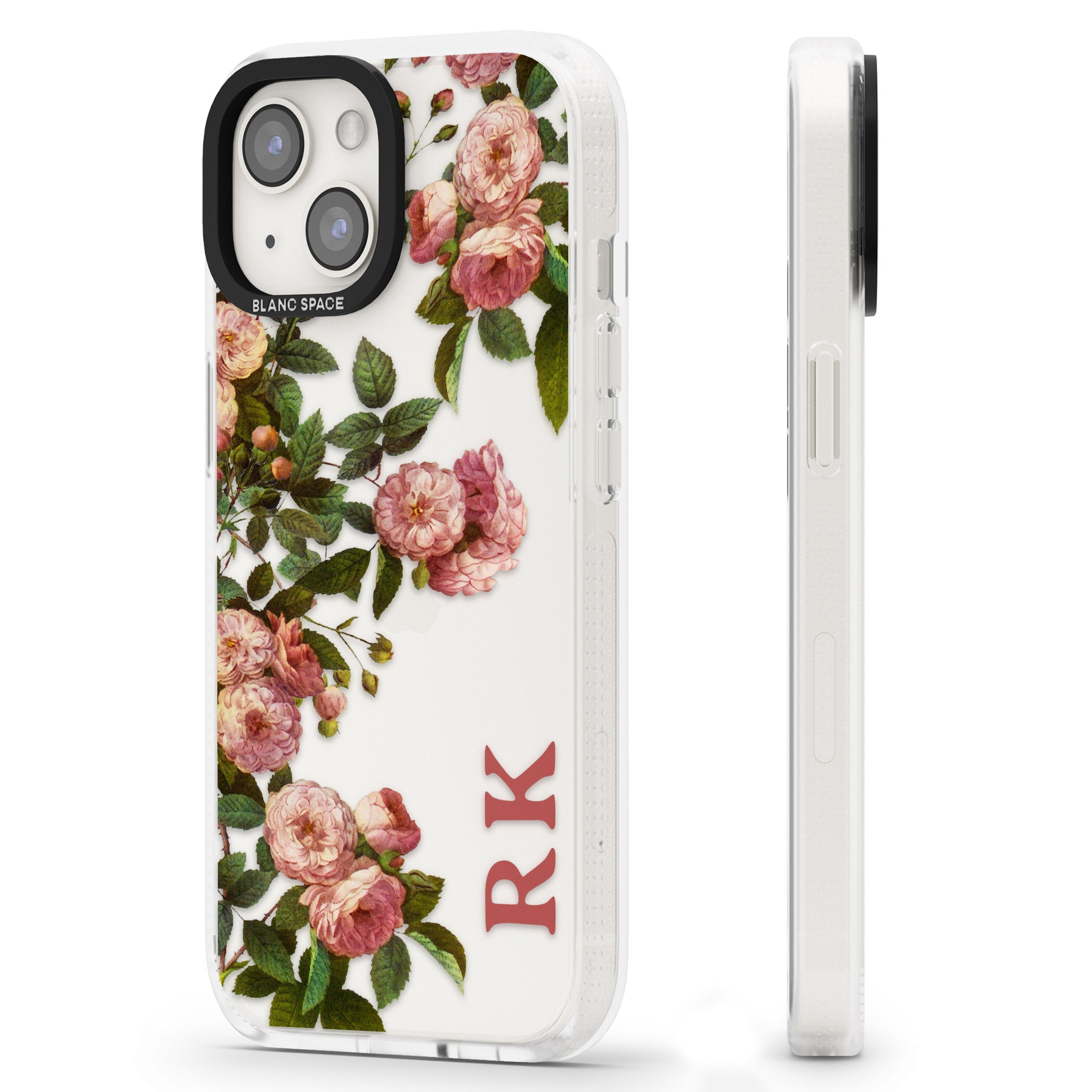 Personalised Clear Vintage Floral Pink Garden Roses iPhone 15 / 14 / 13 Clear Case Impact Air - Blanc Space