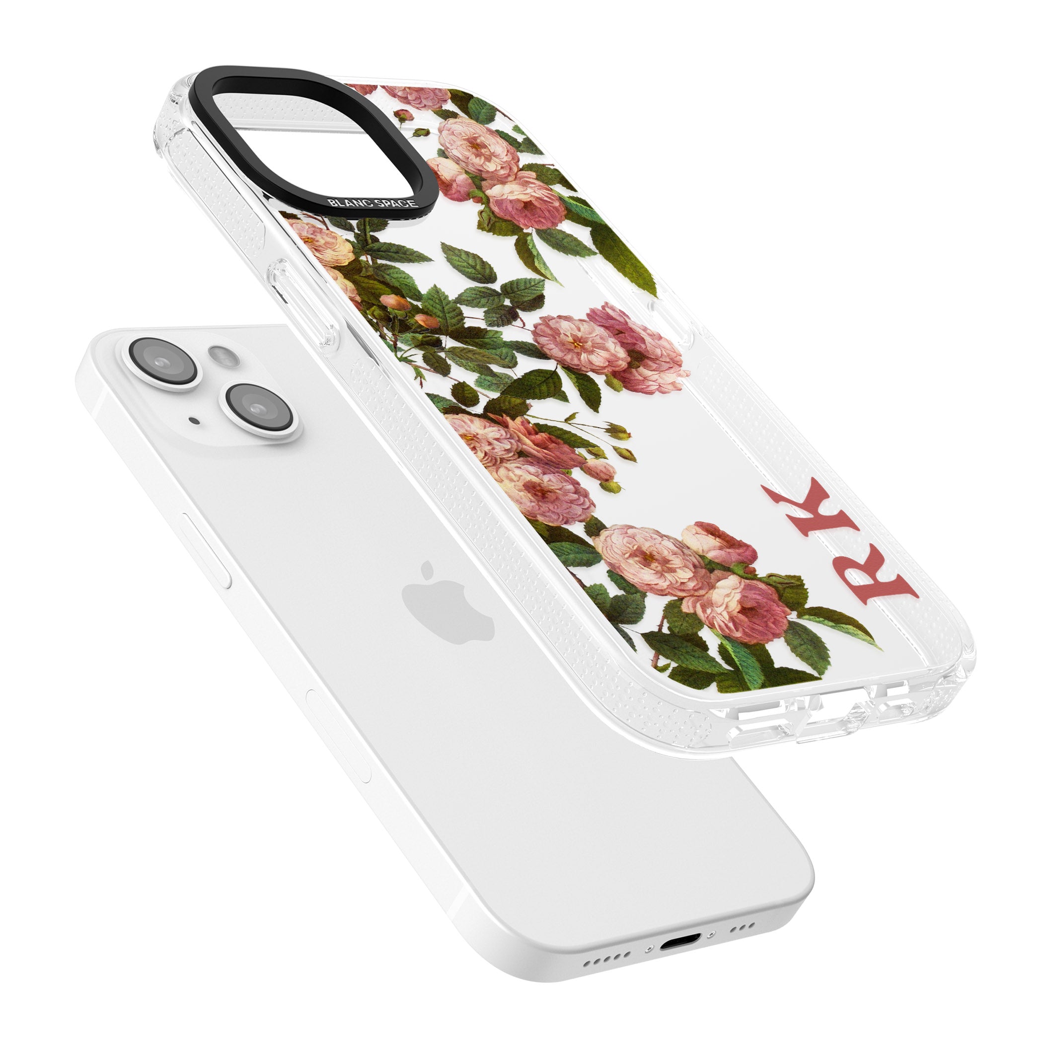 Personalised Clear Vintage Floral Pink Garden Roses iPhone 15 / 14 / 13 Clear Case Impact Air - Blanc Space