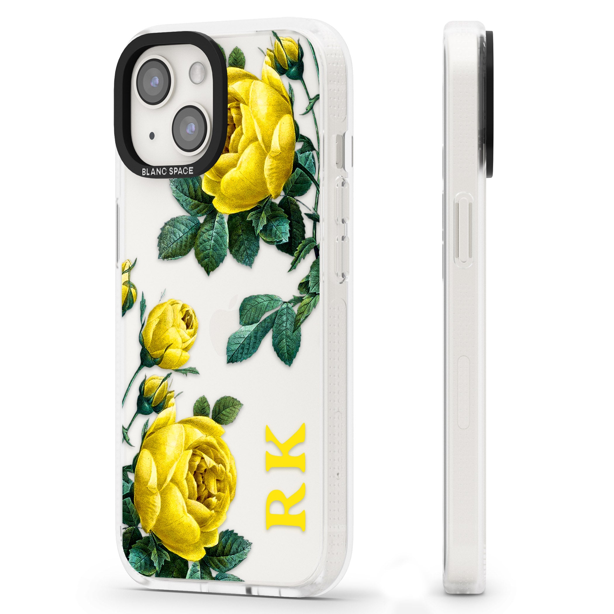 Personalised Clear Vintage Floral Yellow Roses iPhone 15 / 14 / 13 Clear Case Impact Air - Blanc Space