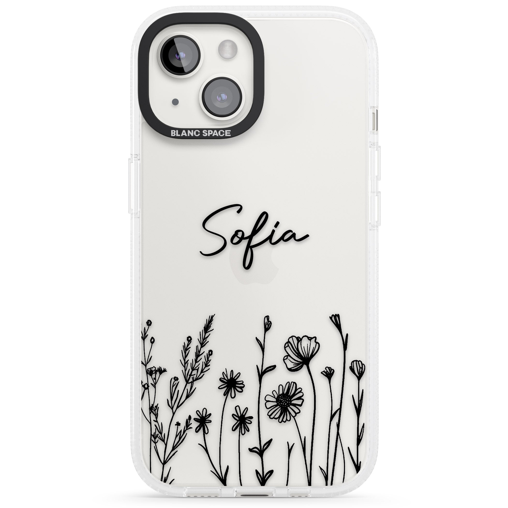 Personalised Black Wildflowers iPhone 15 / 14 / 13 Clear Case Impact Air - Blanc Space