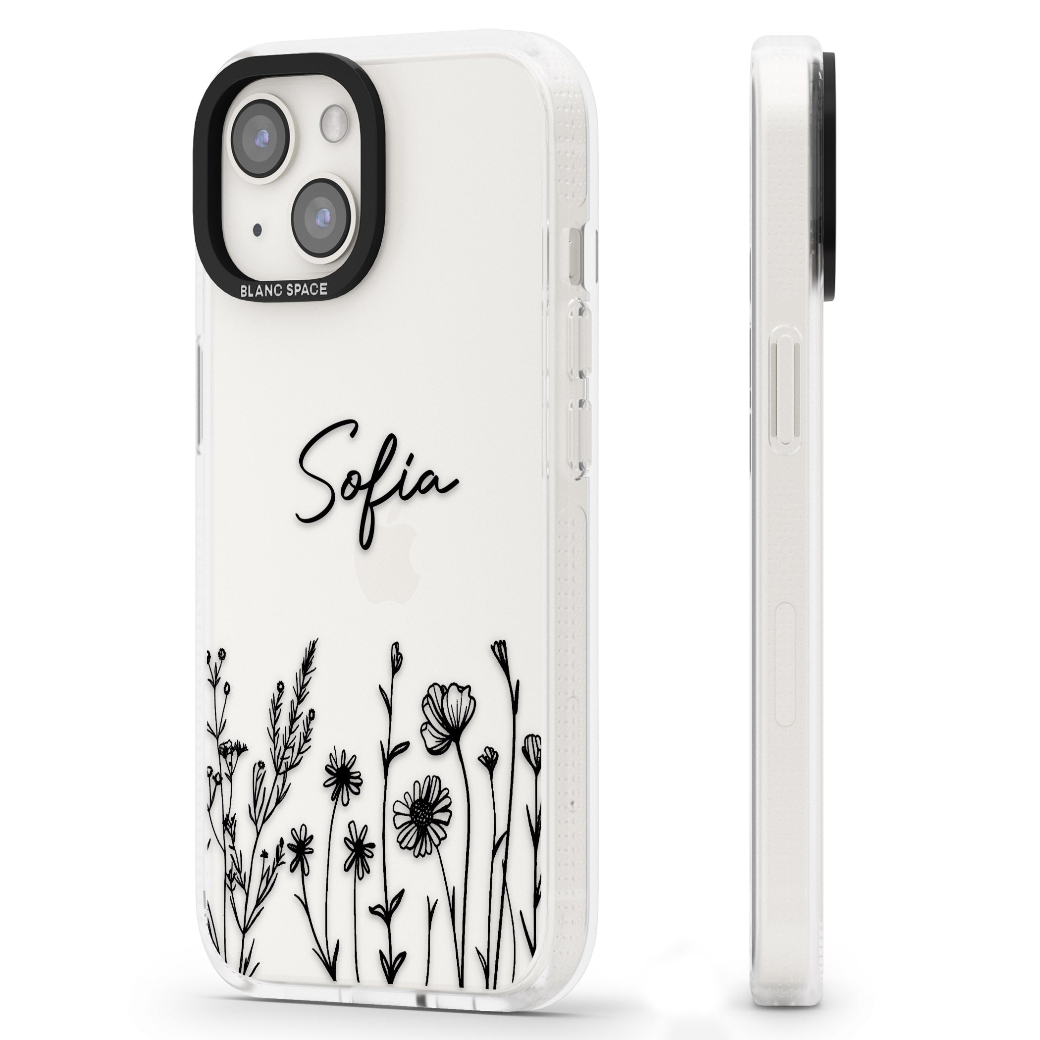 Personalised Black Wildflowers iPhone 15 / 14 / 13 Clear Case Impact Air - Blanc Space