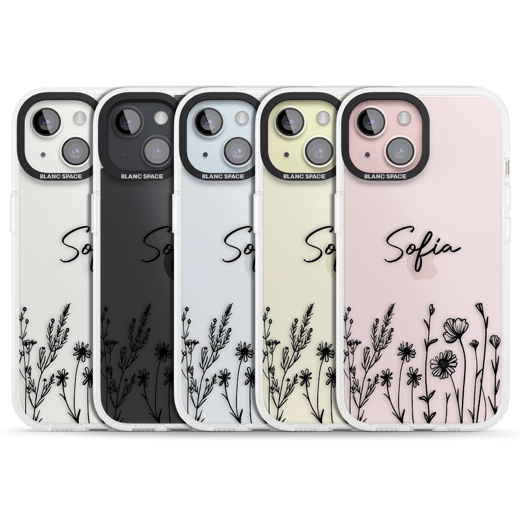 Personalised Black Wildflowers iPhone 15 / 14 / 13 Clear Case Impact Air - Blanc Space