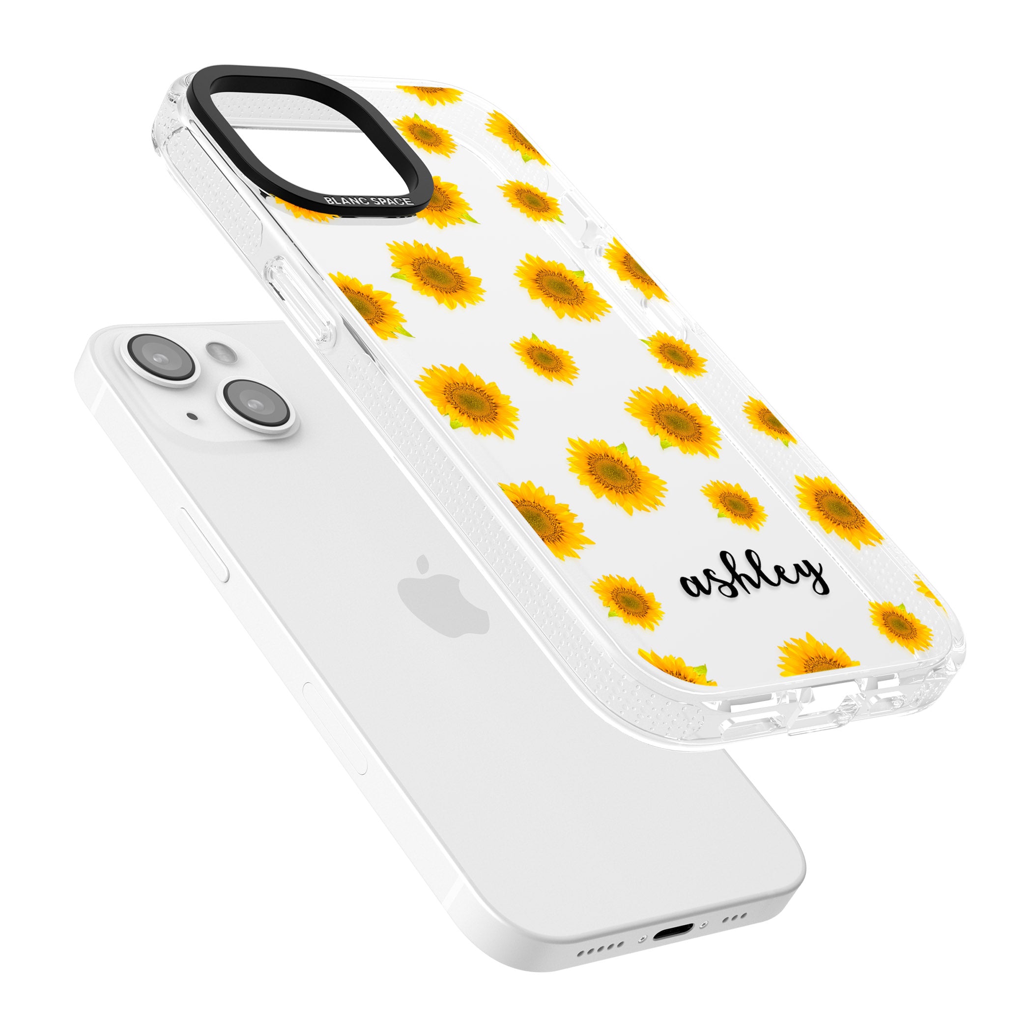 Personalised Sunflowers & Cursive iPhone 15 / 14 / 13 Clear Case Impact Air - Blanc Space