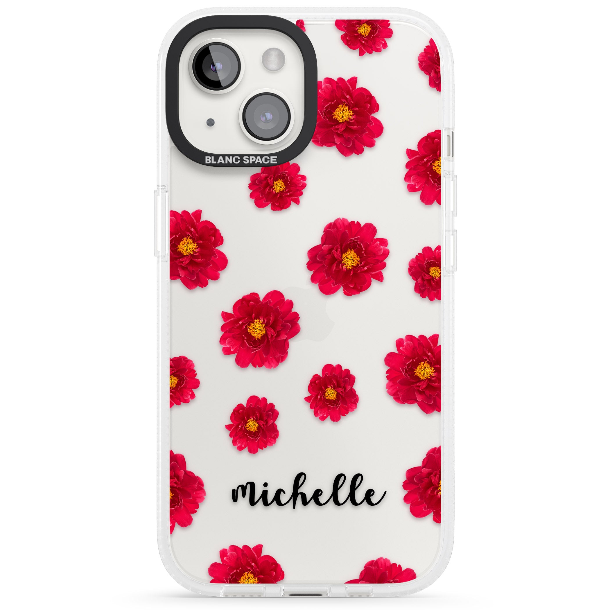 Personalised Red Peonies & Cursive iPhone 15 / 14 / 13 Clear Case Impact Air - Blanc Space