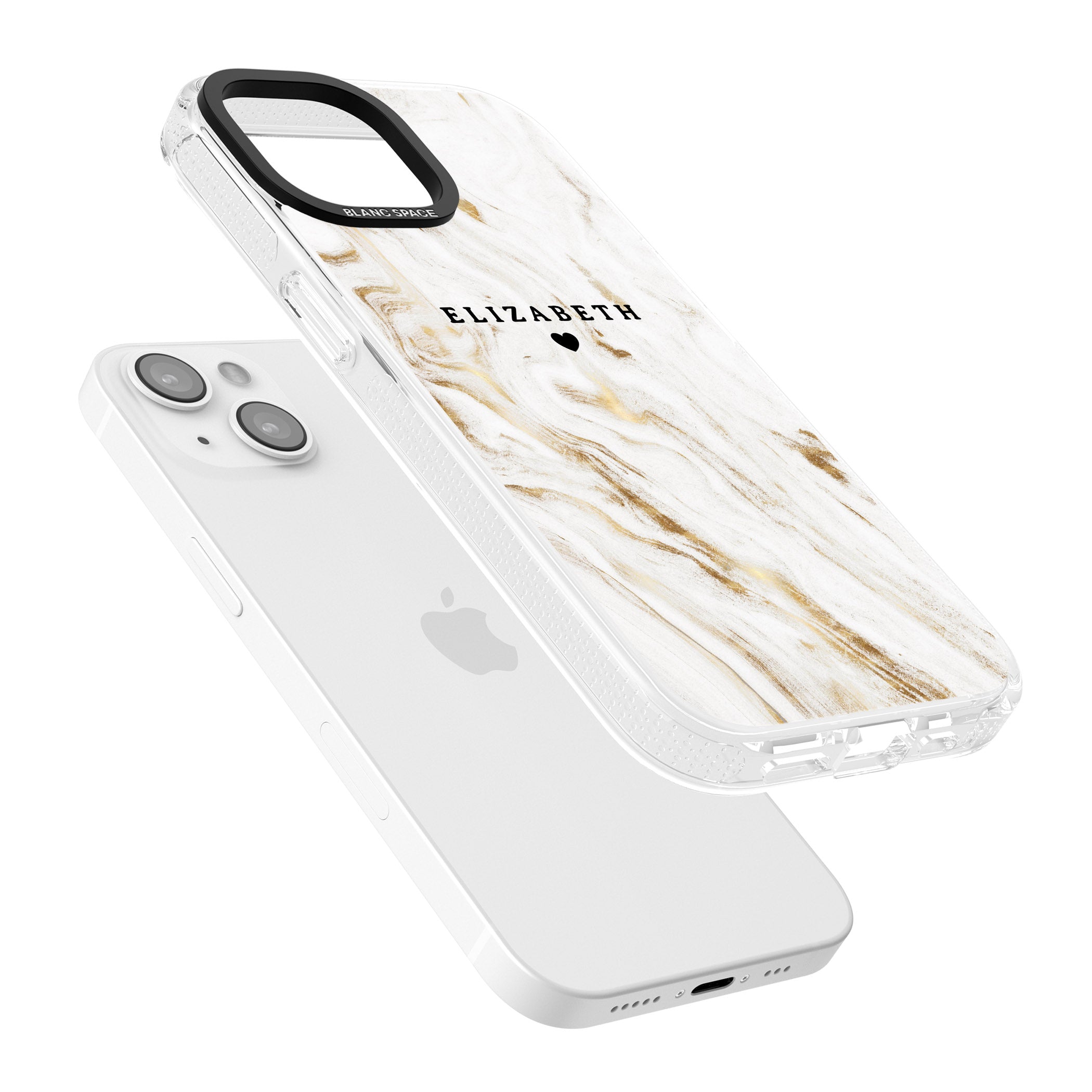 Personalised White & Gold Swirl Marble iPhone 15 / 14 / 13 Clear Case Impact Air - Blanc Space