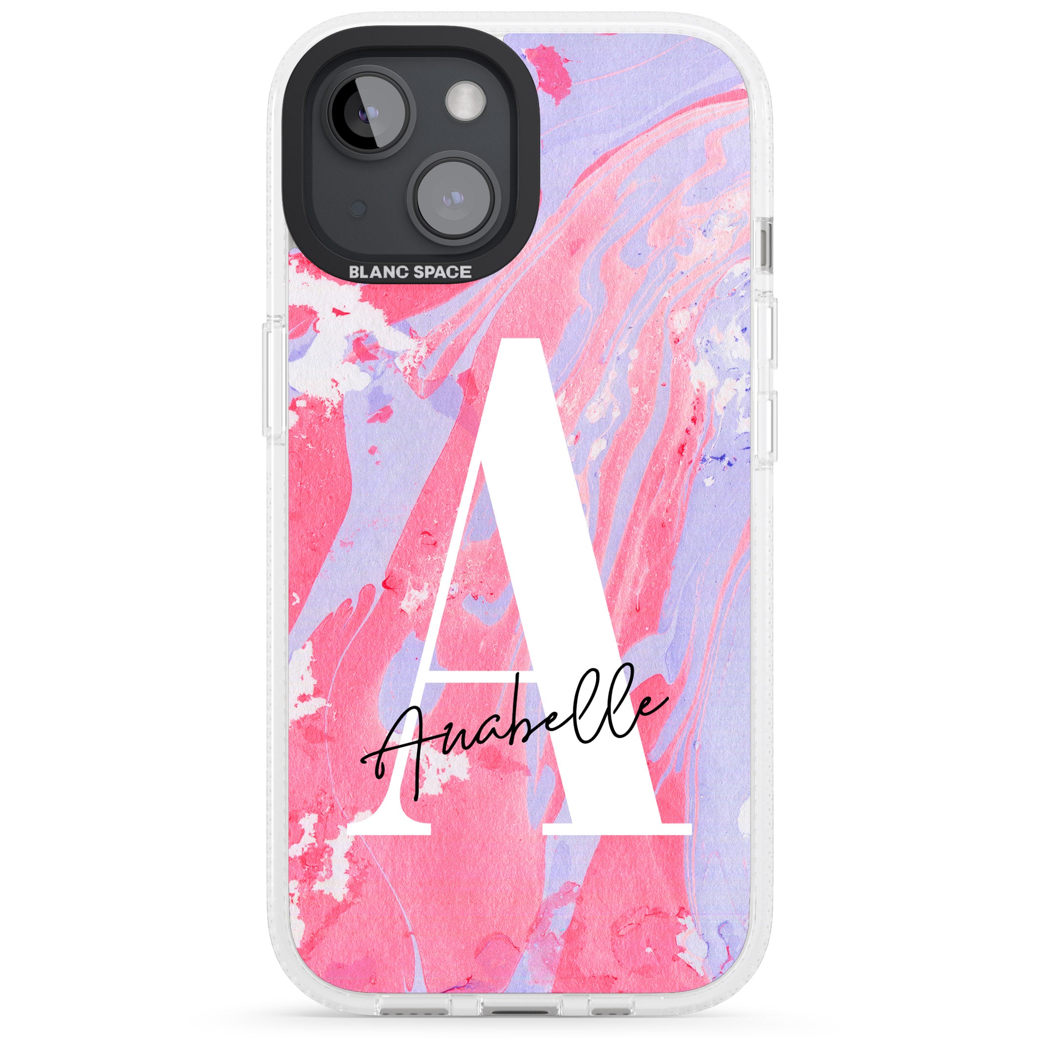 Personalised Pink & Purple - Marble iPhone 15 / 14 / 13 Clear Case Impact Air - Blanc Space