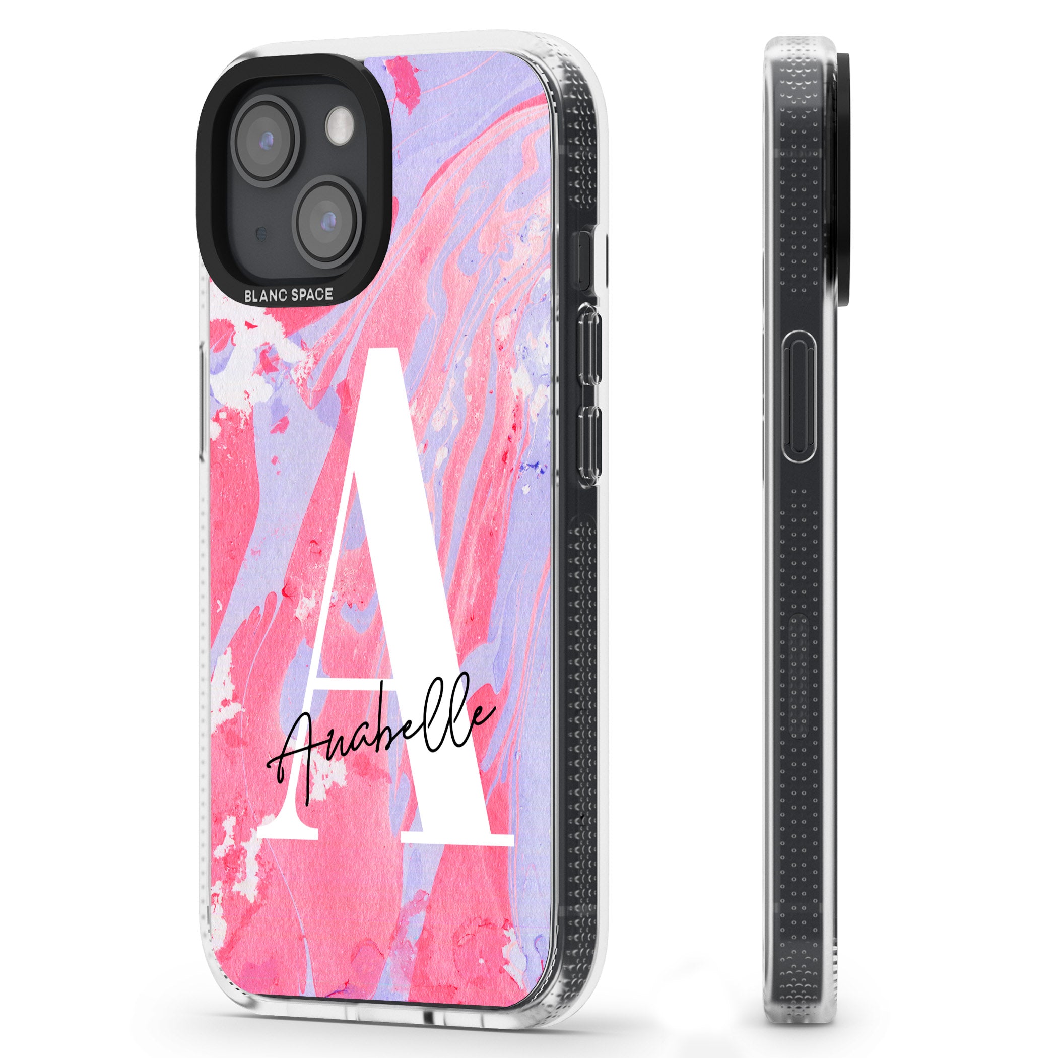 Personalised Pink & Purple - Marble iPhone 15 / 14 / 13 Clear Case Impact Air - Blanc Space