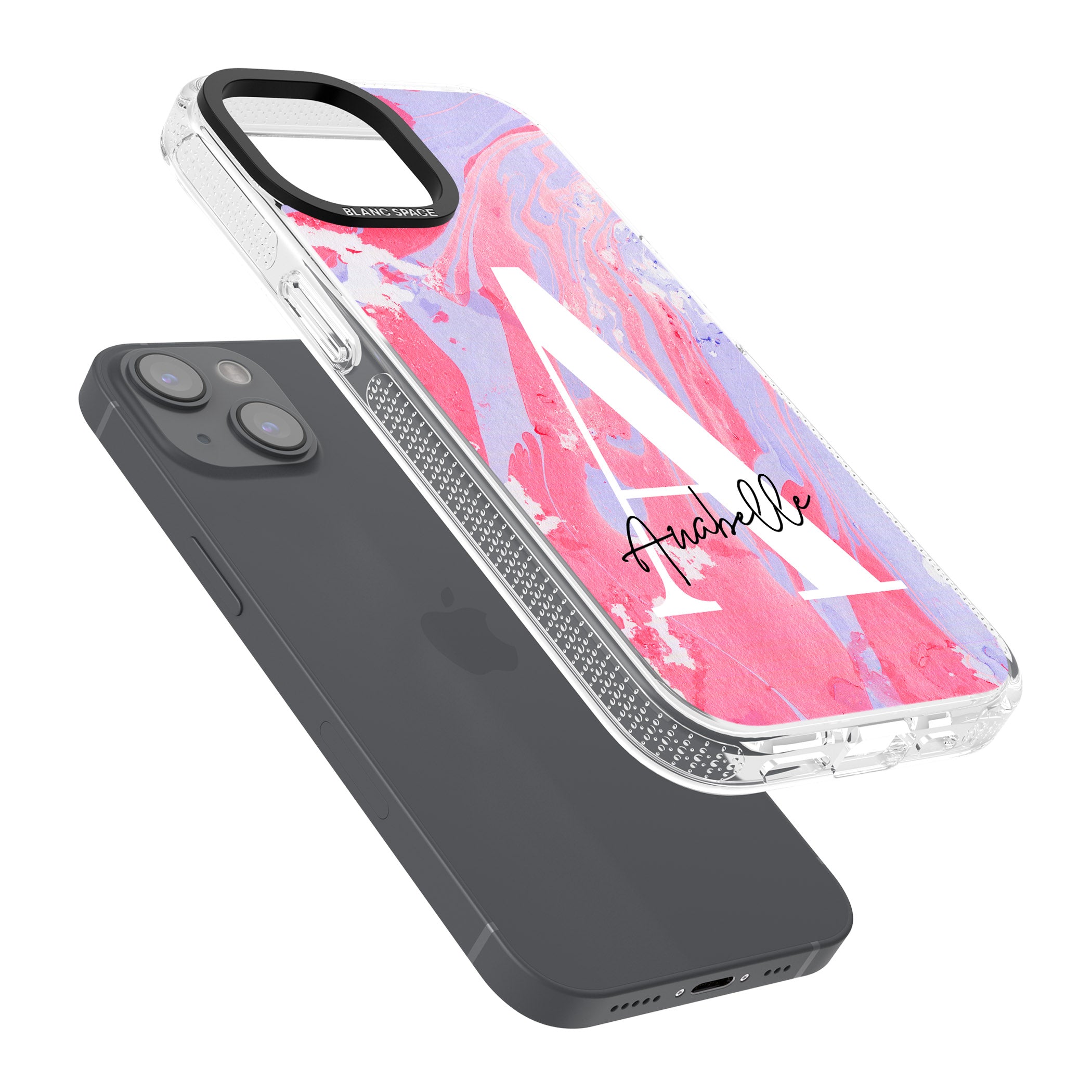 Personalised Pink & Purple - Marble iPhone 15 / 14 / 13 Clear Case Impact Air - Blanc Space