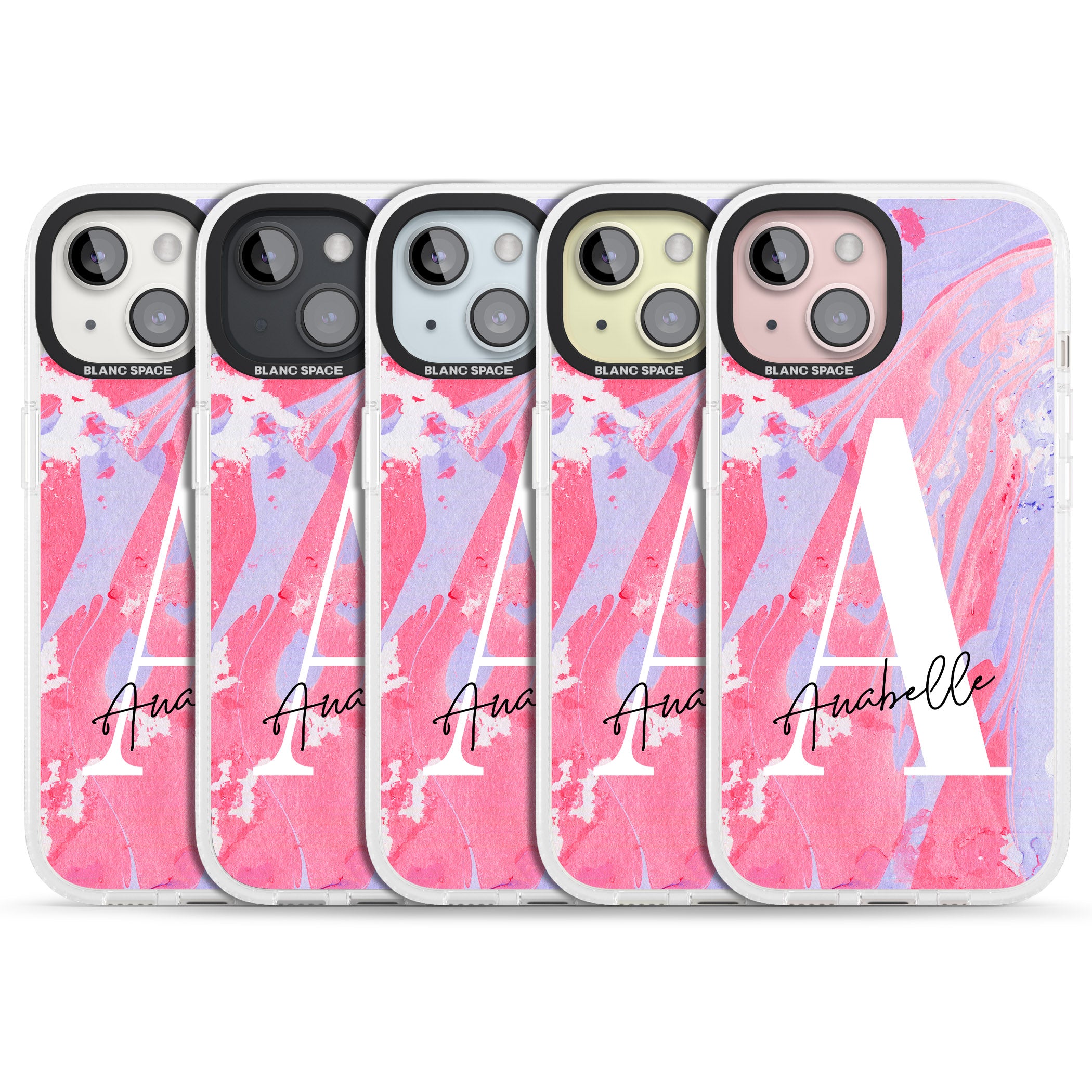 Personalised Pink & Purple - Marble iPhone 15 / 14 / 13 Clear Case Impact Air - Blanc Space