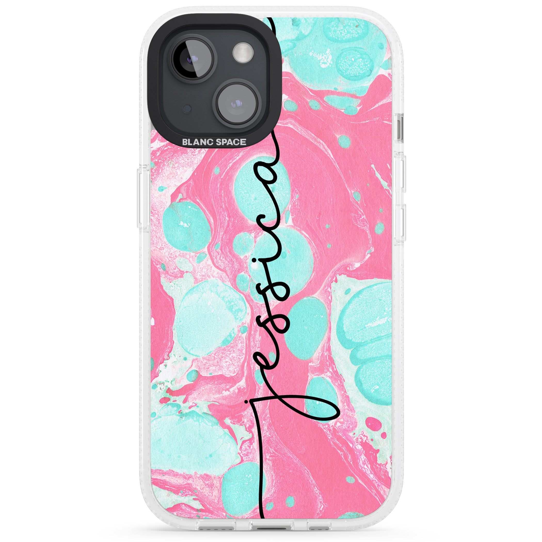 Personalised Turquoise & Pink - Marbled iPhone 15 / 14 / 13 Clear Case Impact Air - Blanc Space