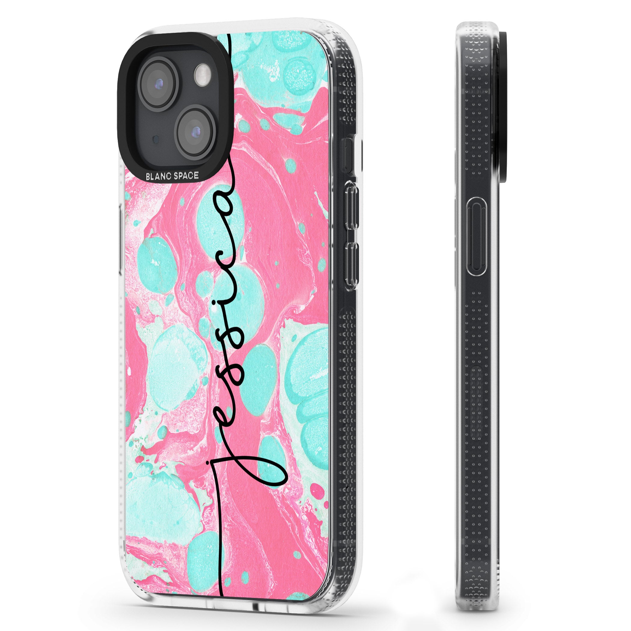 Personalised Turquoise & Pink - Marbled iPhone 15 / 14 / 13 Clear Case Impact Air - Blanc Space