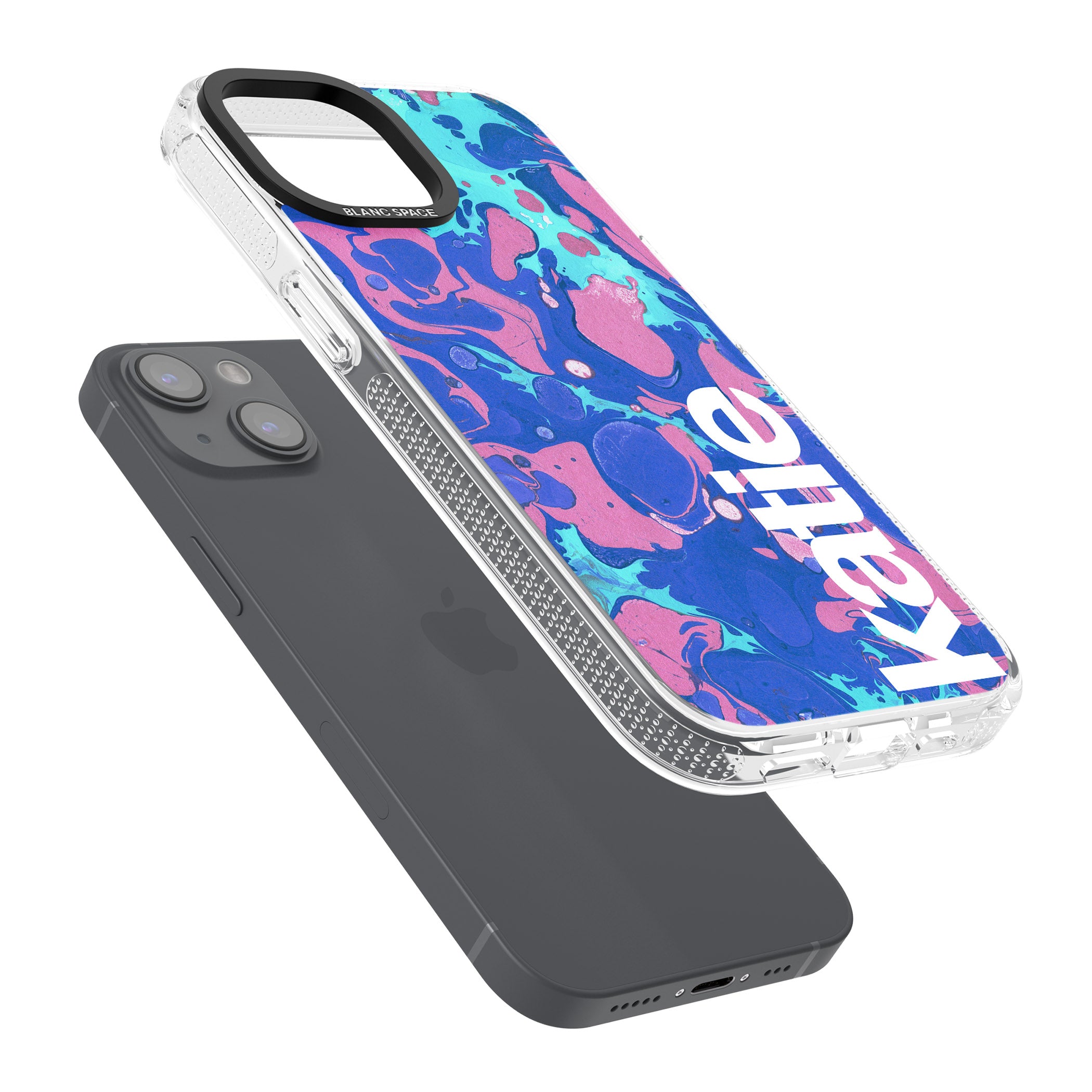 Personalised Navy, Turquoise + Purple - Marbled iPhone 15 / 14 / 13 Clear Case Impact Air - Blanc Space