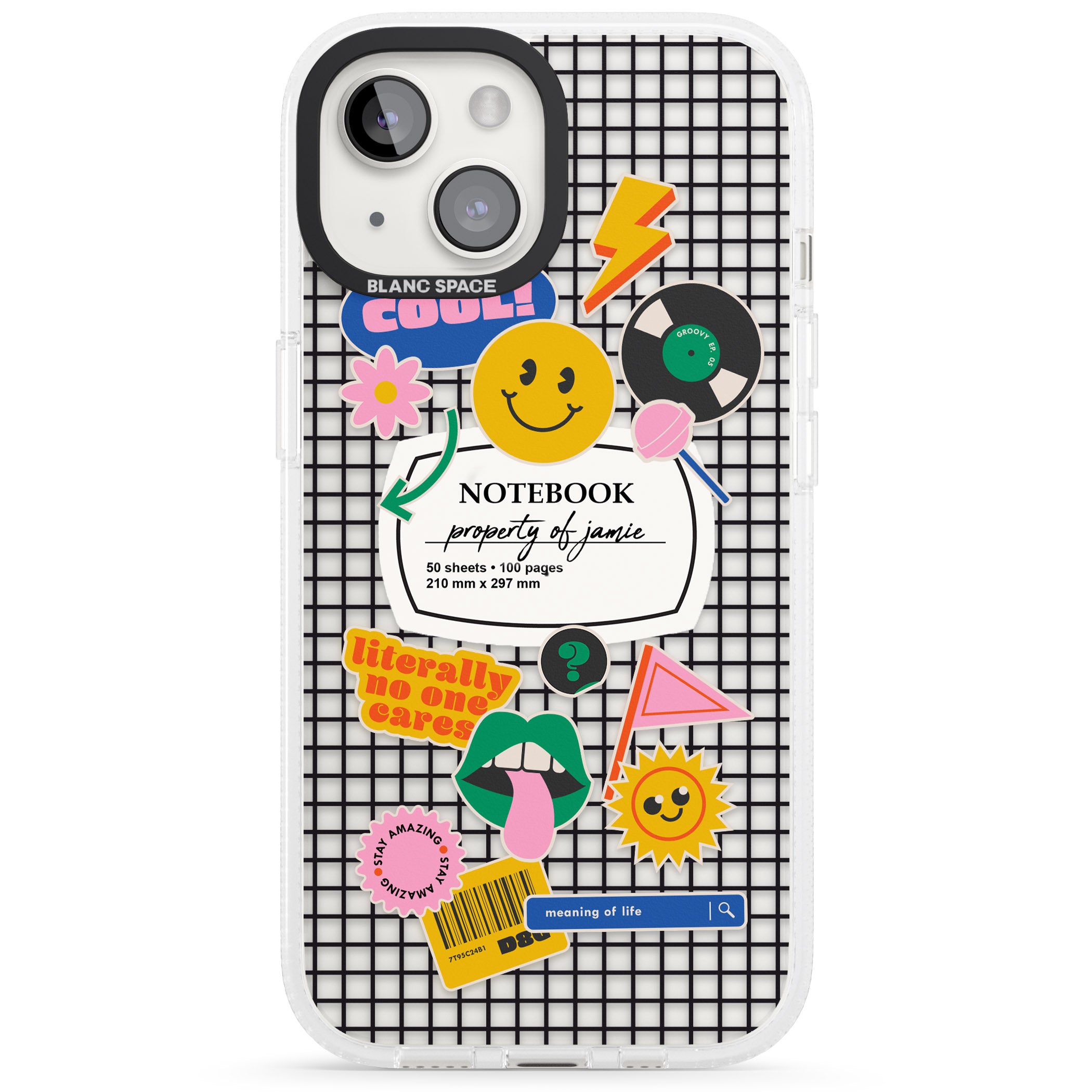Personalised Sticker Mix on Grid iPhone 15 / 14 / 13 Clear Case Impact Air - Blanc Space