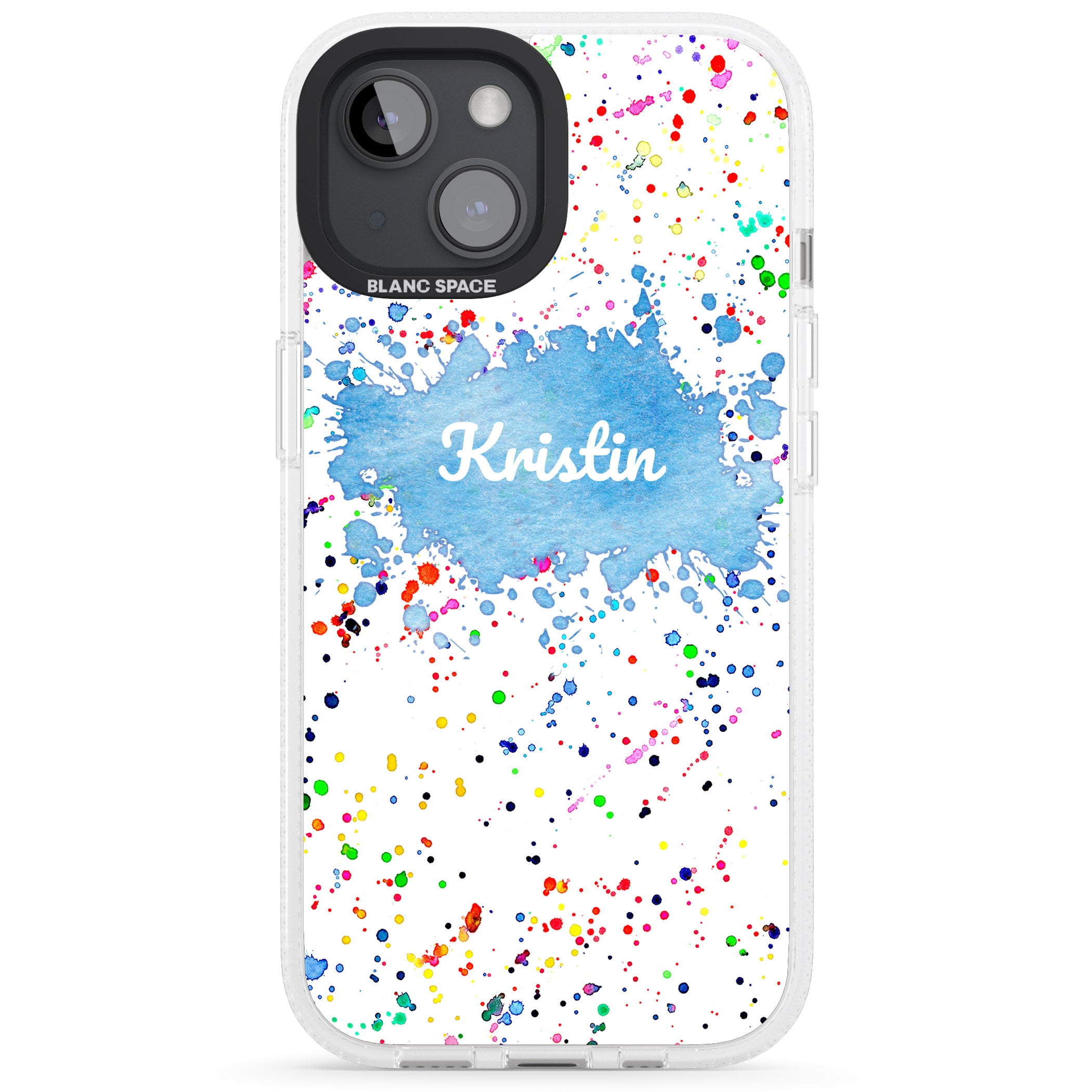Personalised Rainbow Paint Splatter iPhone 15 / 14 / 13 Clear Case Impact Air - Blanc Space