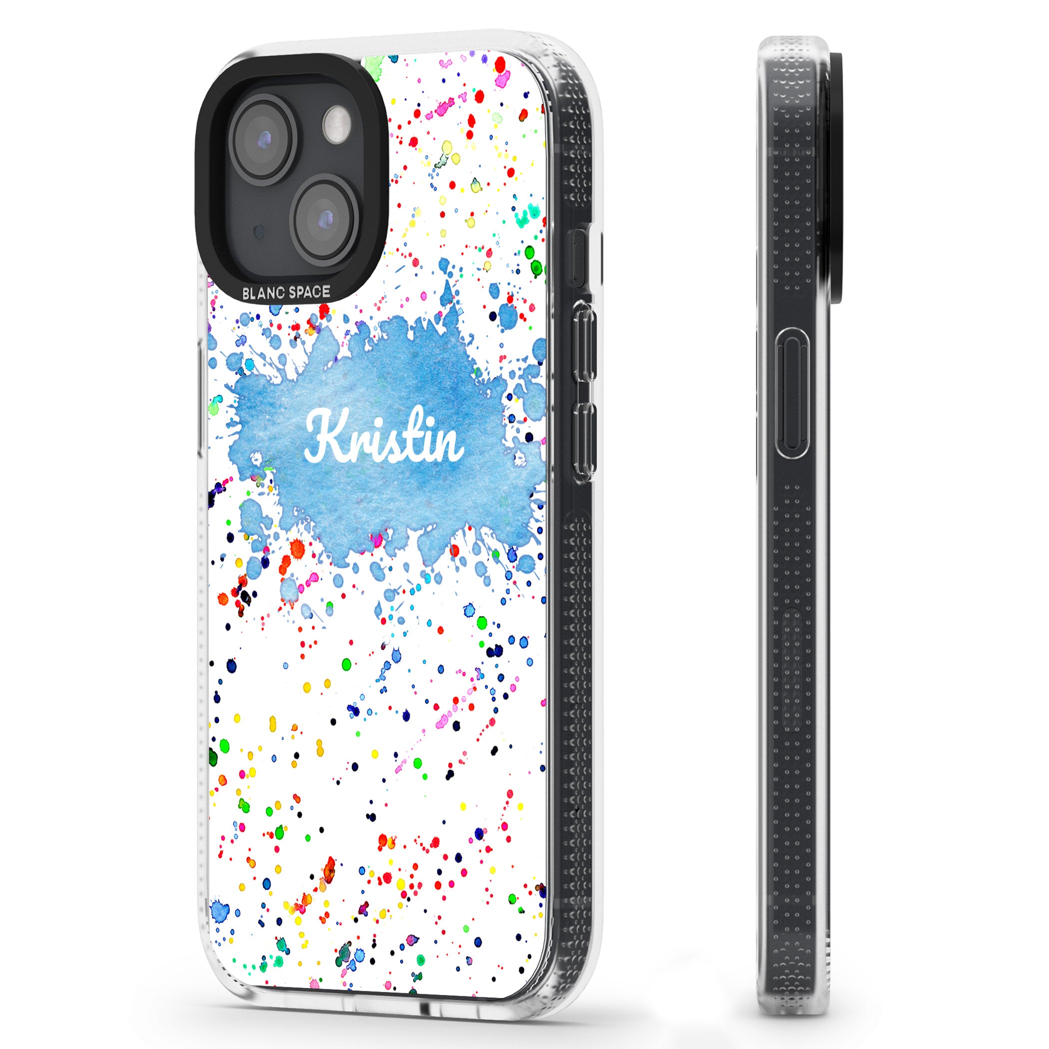 Personalised Rainbow Paint Splatter iPhone 15 / 14 / 13 Clear Case Impact Air - Blanc Space