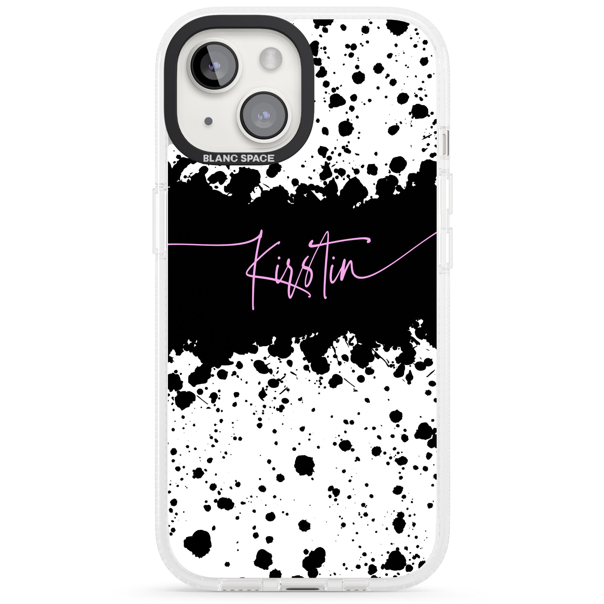 Personalised Black & White Paint Splatters iPhone 15 / 14 / 13 Clear Case Impact Air - Blanc Space