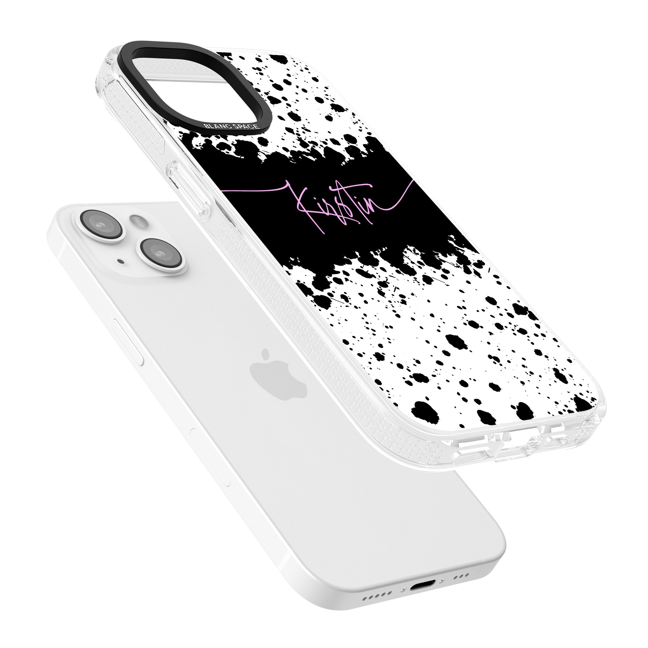 Personalised Black & White Paint Splatters iPhone 15 / 14 / 13 Clear Case Impact Air - Blanc Space
