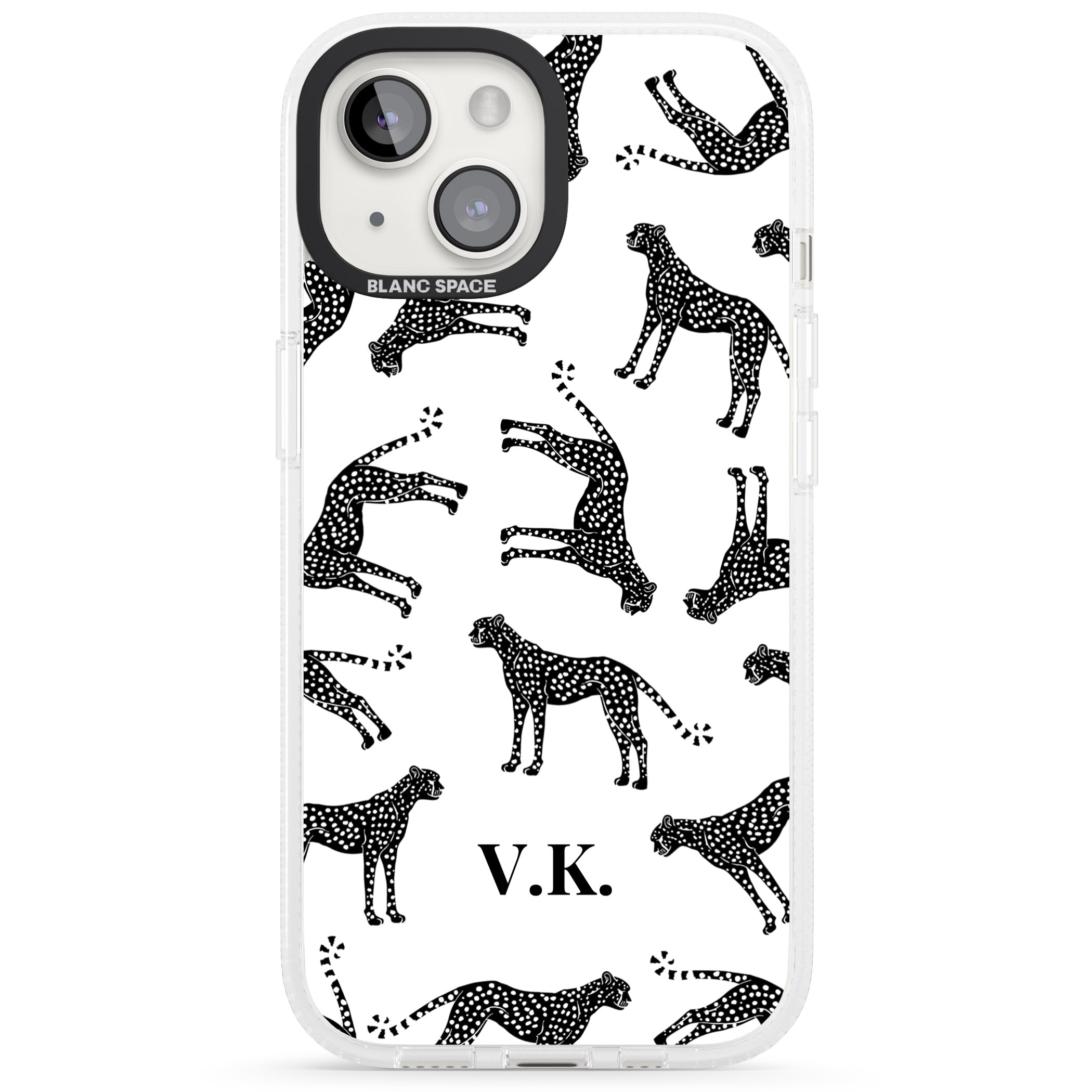 Personalised Cheetah Black & White iPhone 15 / 14 / 13 Clear Case Impact Air - Blanc Space