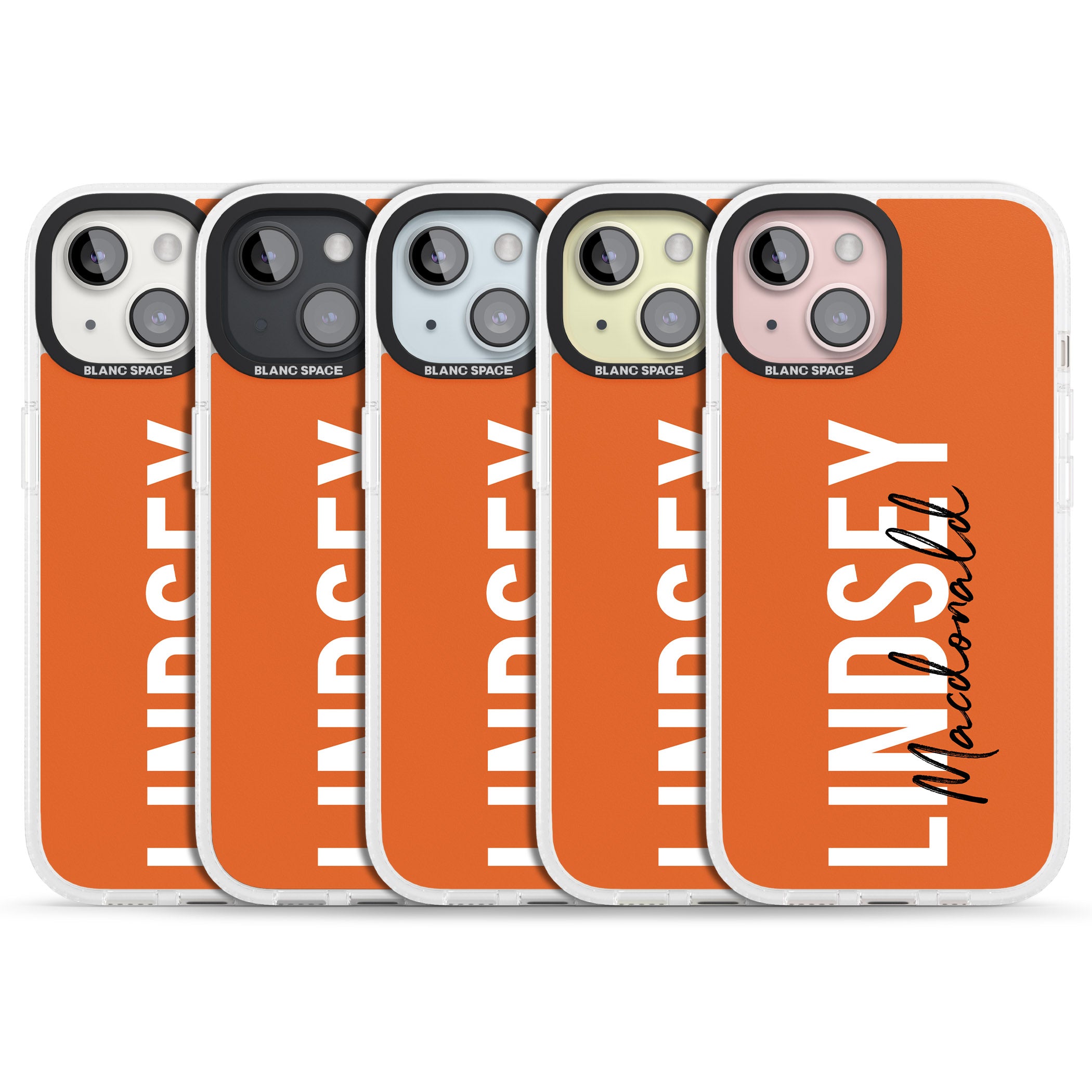 Personalised Bold Name: Orange iPhone 15 / 14 / 13 Clear Case Impact Air - Blanc Space