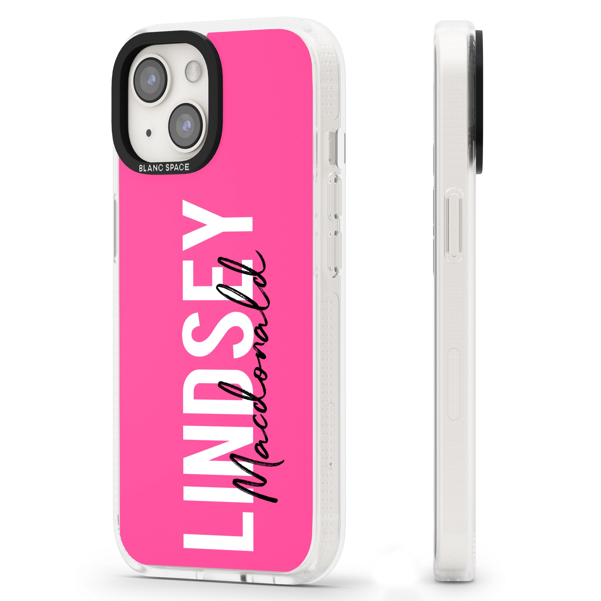 Personalised Bold Name: Pink iPhone 15 / 14 / 13 Clear Case Impact Air - Blanc Space