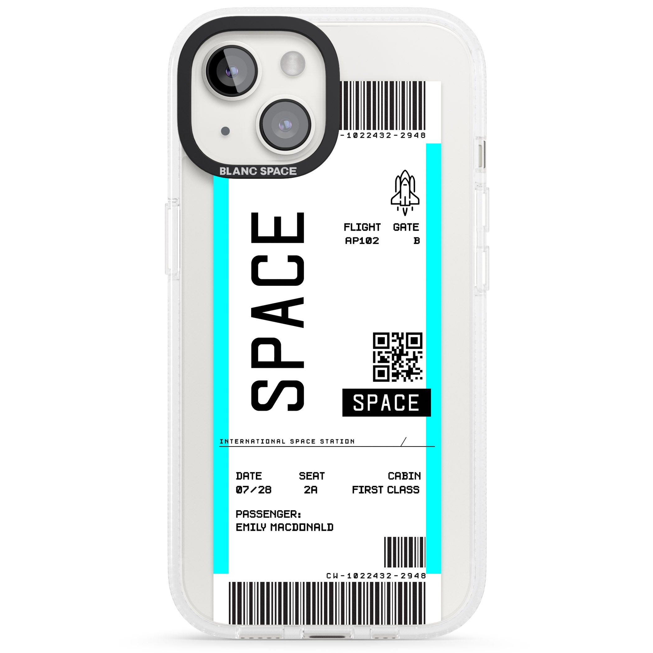 Personalised Space Space Travel Ticket iPhone 15 / 14 / 13 Clear Case Impact Air - Blanc Space