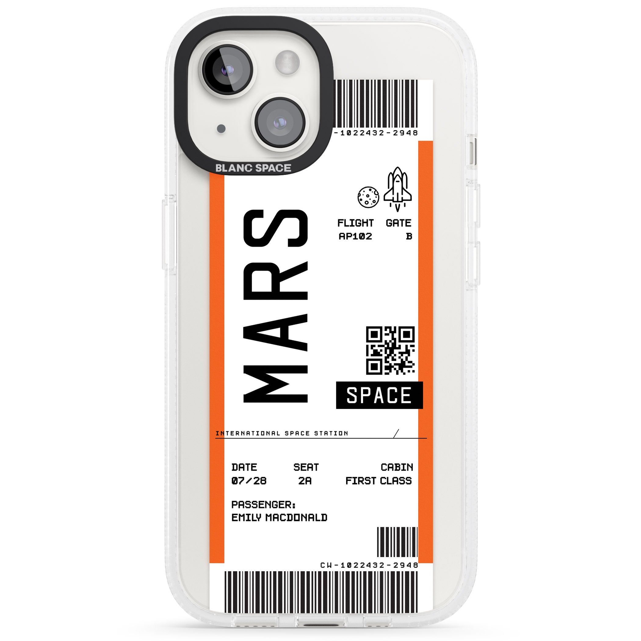 Personalised Mars Space Travel Ticket iPhone 15 / 14 / 13 Clear Case Impact Air - Blanc Space
