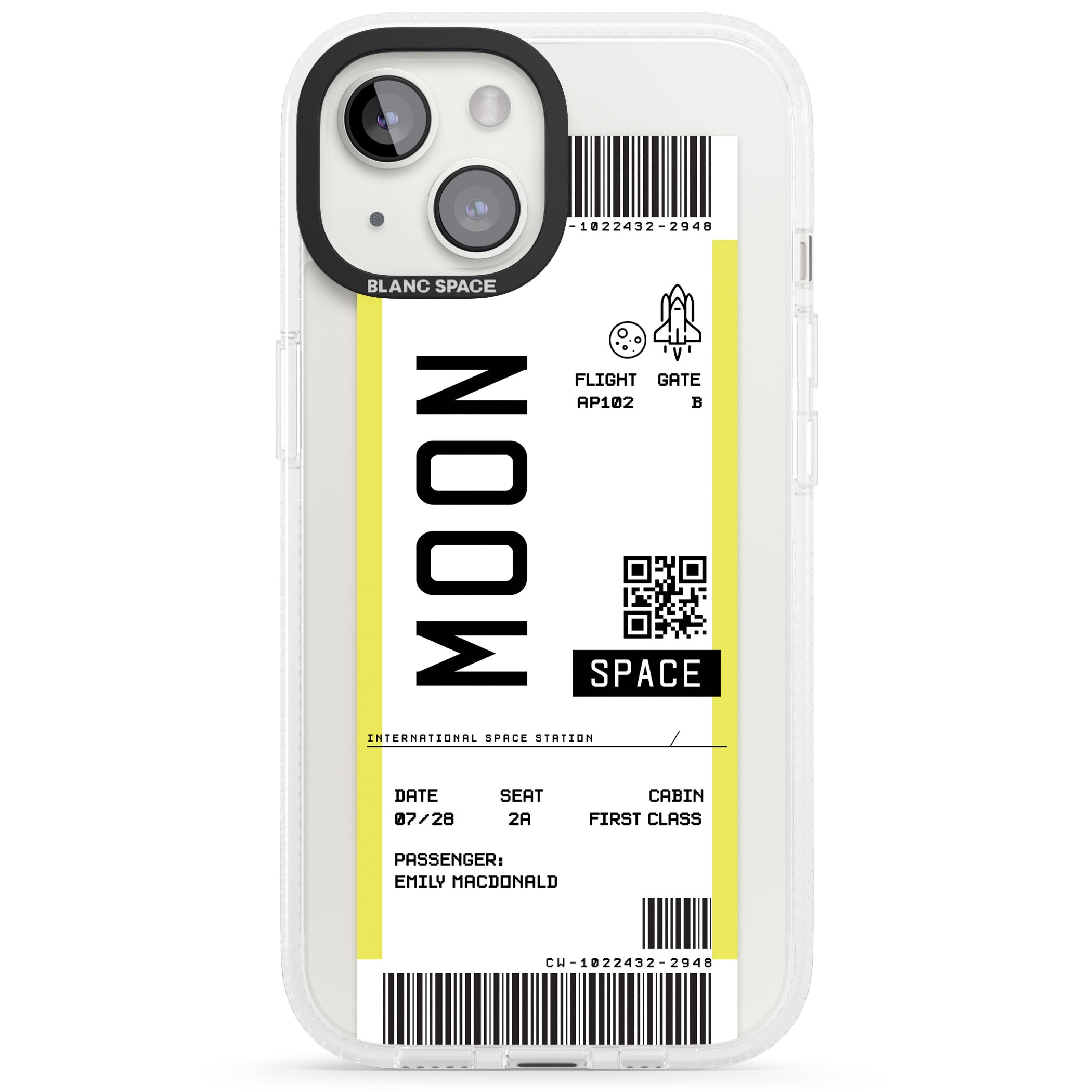 Personalised Moon Space Travel Ticket iPhone 15 / 14 / 13 Clear Case Impact Air - Blanc Space