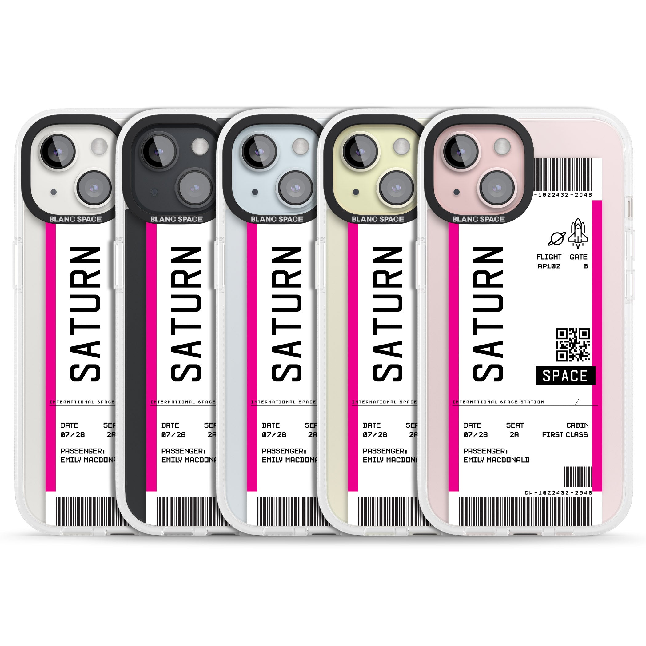 Personalised Saturn Space Travel Ticket iPhone 15 / 14 / 13 Clear Case Impact Air - Blanc Space