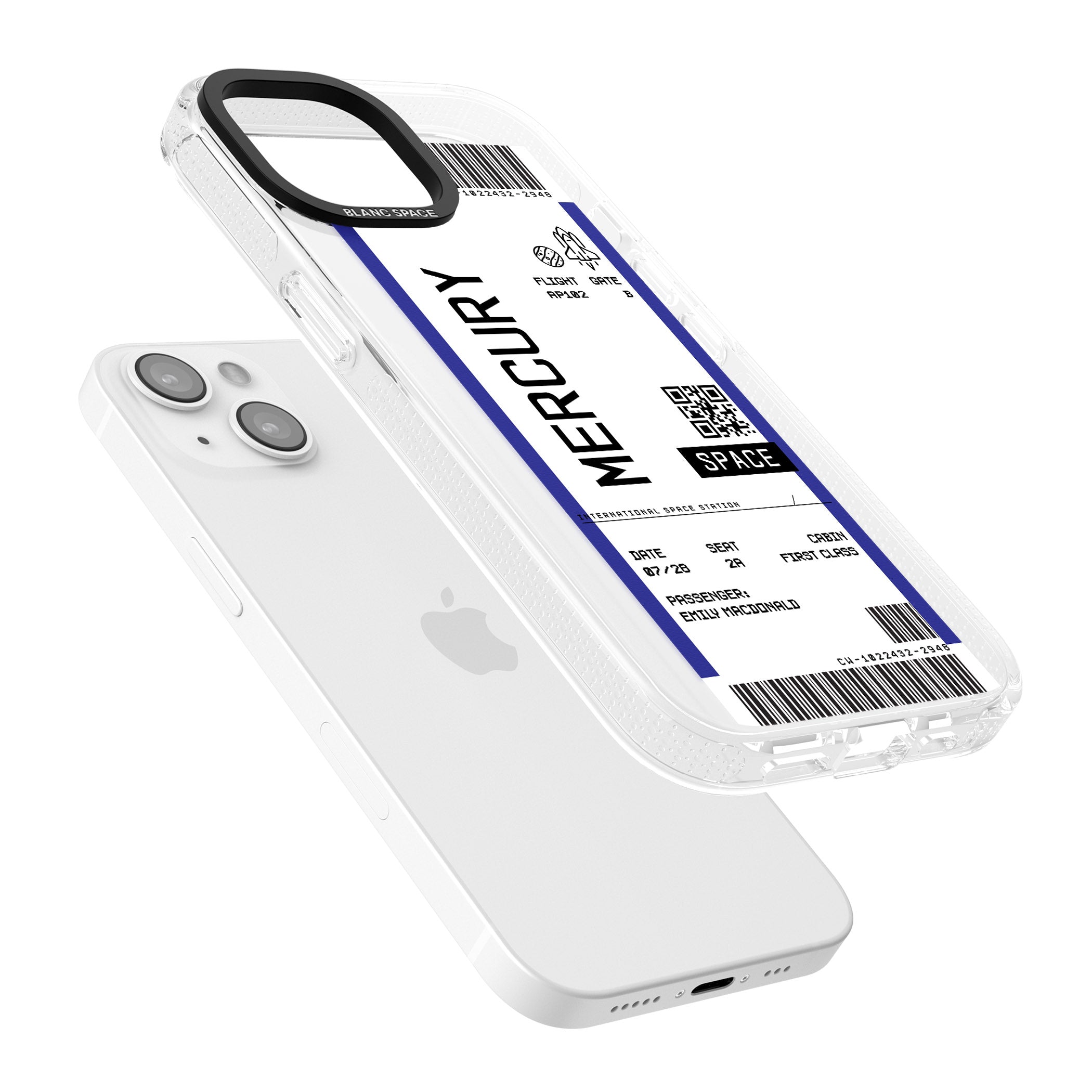 Personalised Mercury Space Travel Ticket iPhone 15 / 14 / 13 Clear Case Impact Air - Blanc Space