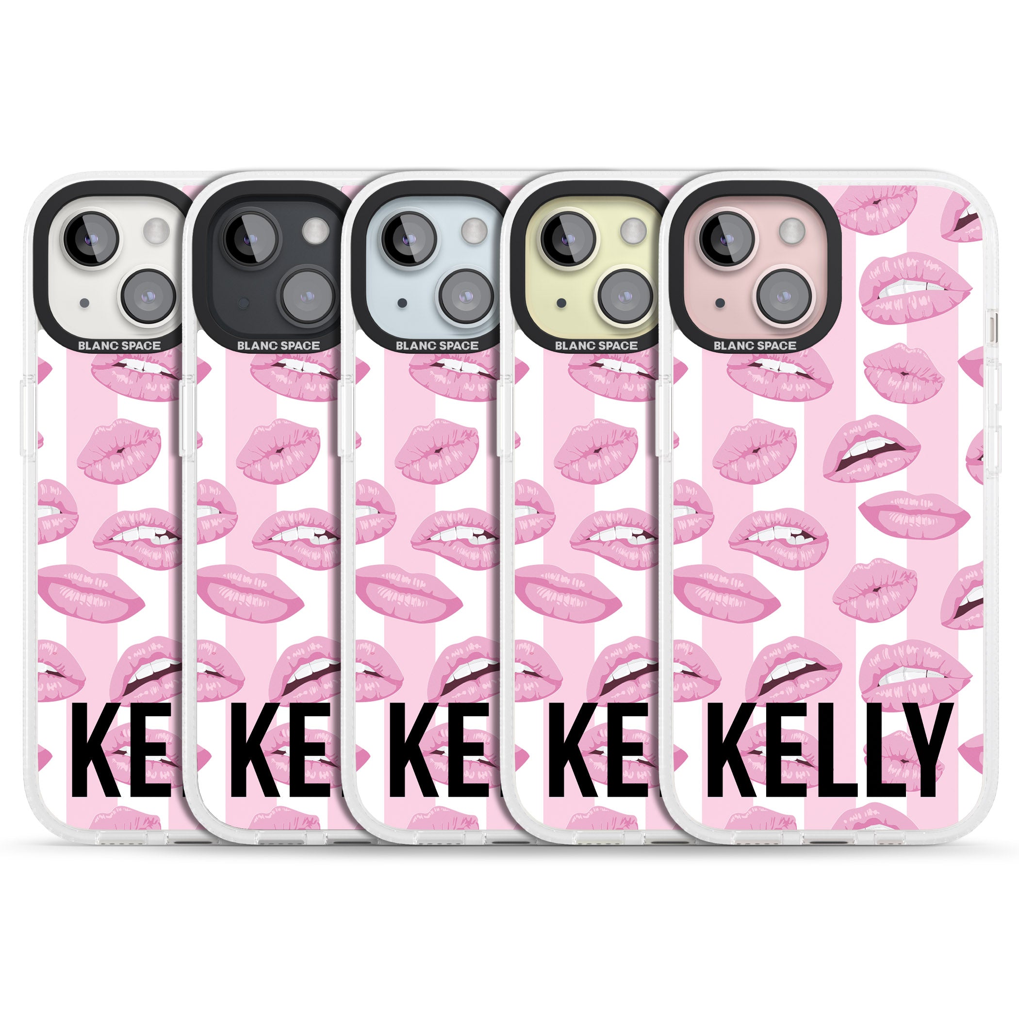 Personalised Pink Stripes & Lips iPhone 15 / 14 / 13 Clear Case Impact Air - Blanc Space