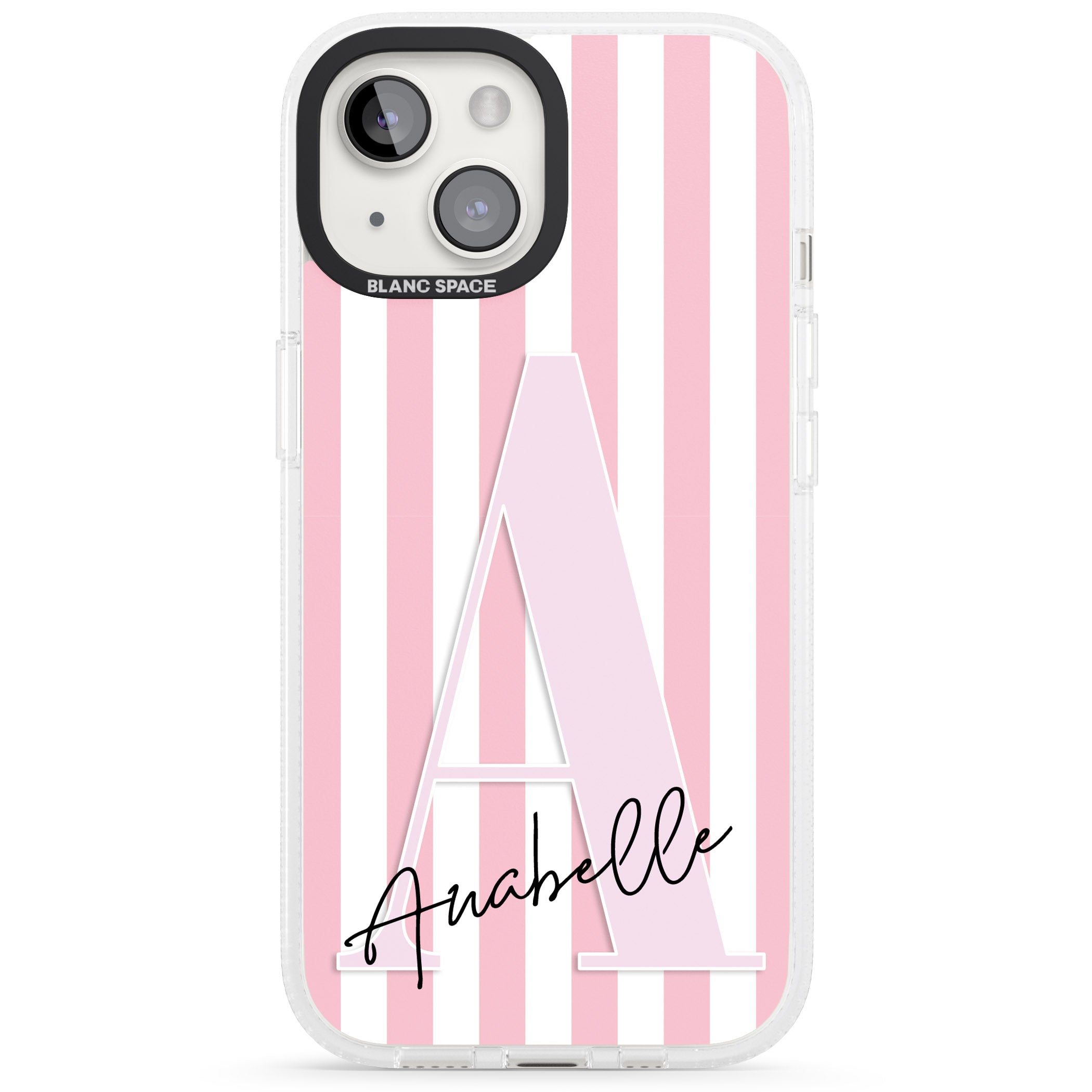 Personalised Pink Stripes & Large Monogram iPhone 15 / 14 / 13 Clear Case Impact Air - Blanc Space