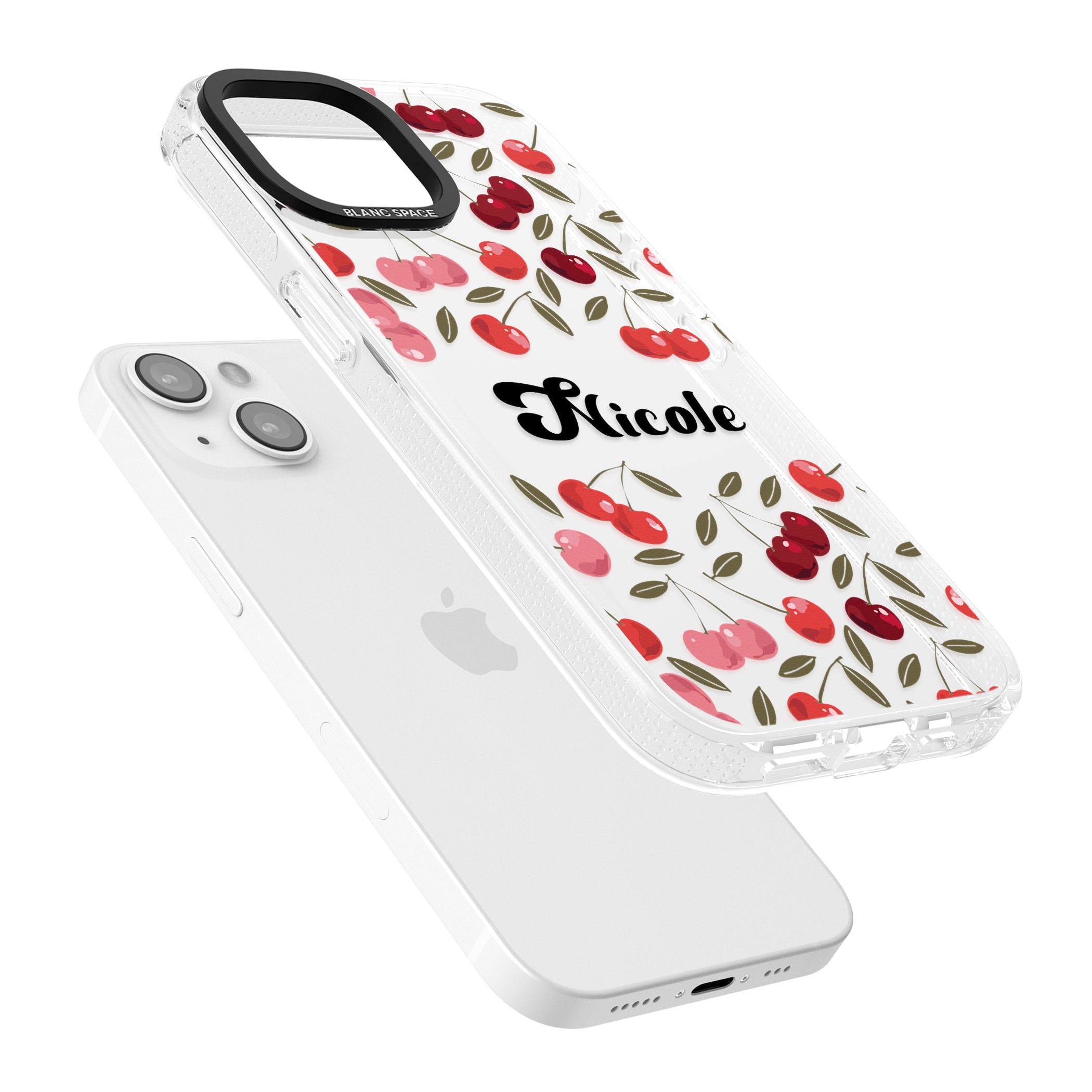 Personalised Cherry Pattern iPhone 15 / 14 / 13 Clear Case Impact Air - Blanc Space