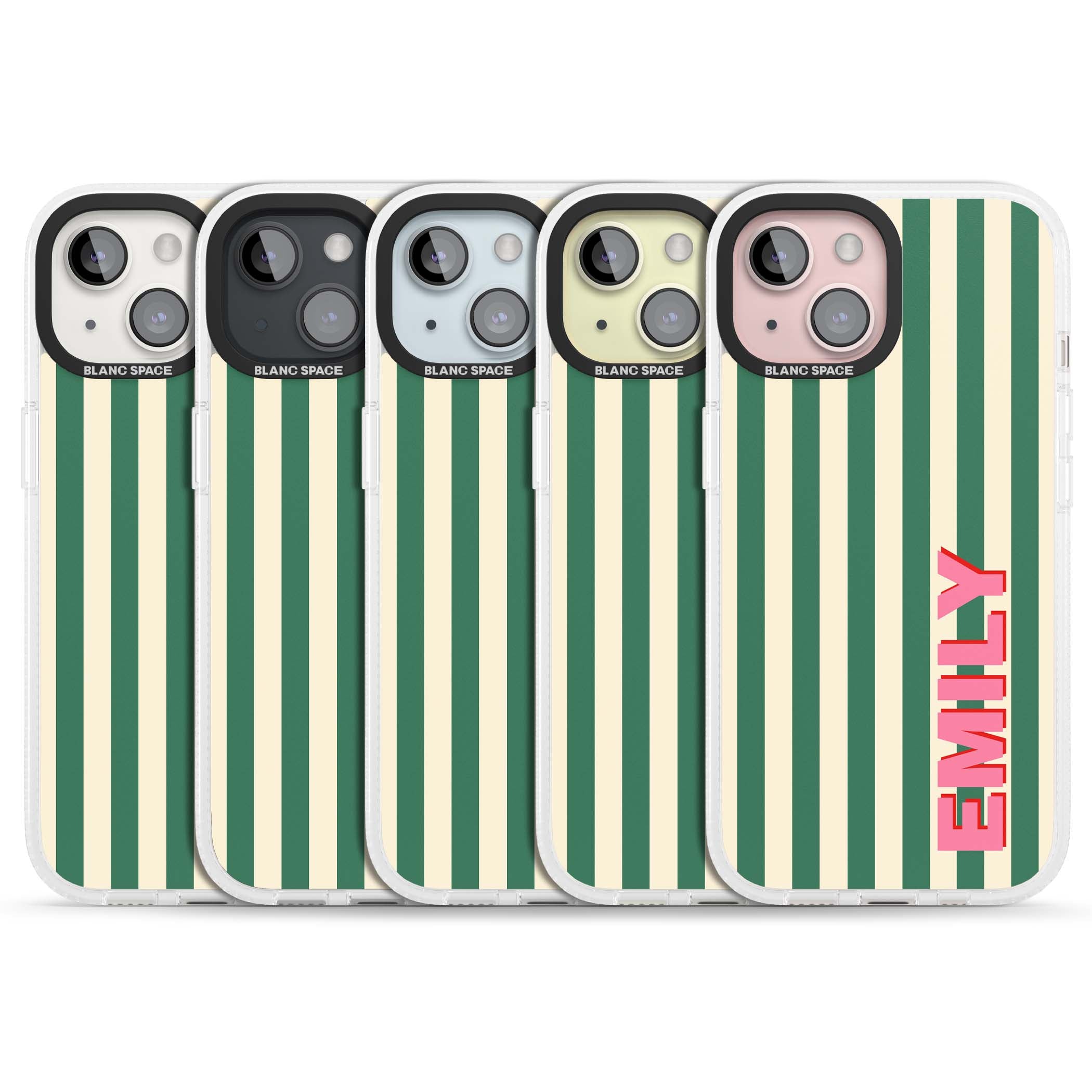 Wimbledon Stripe preppy iPhone case featuring green and cream vertical stripes with a personalised pink name | Clear Case Impact Air case for iPhone 15, iPhone 15 Plus
