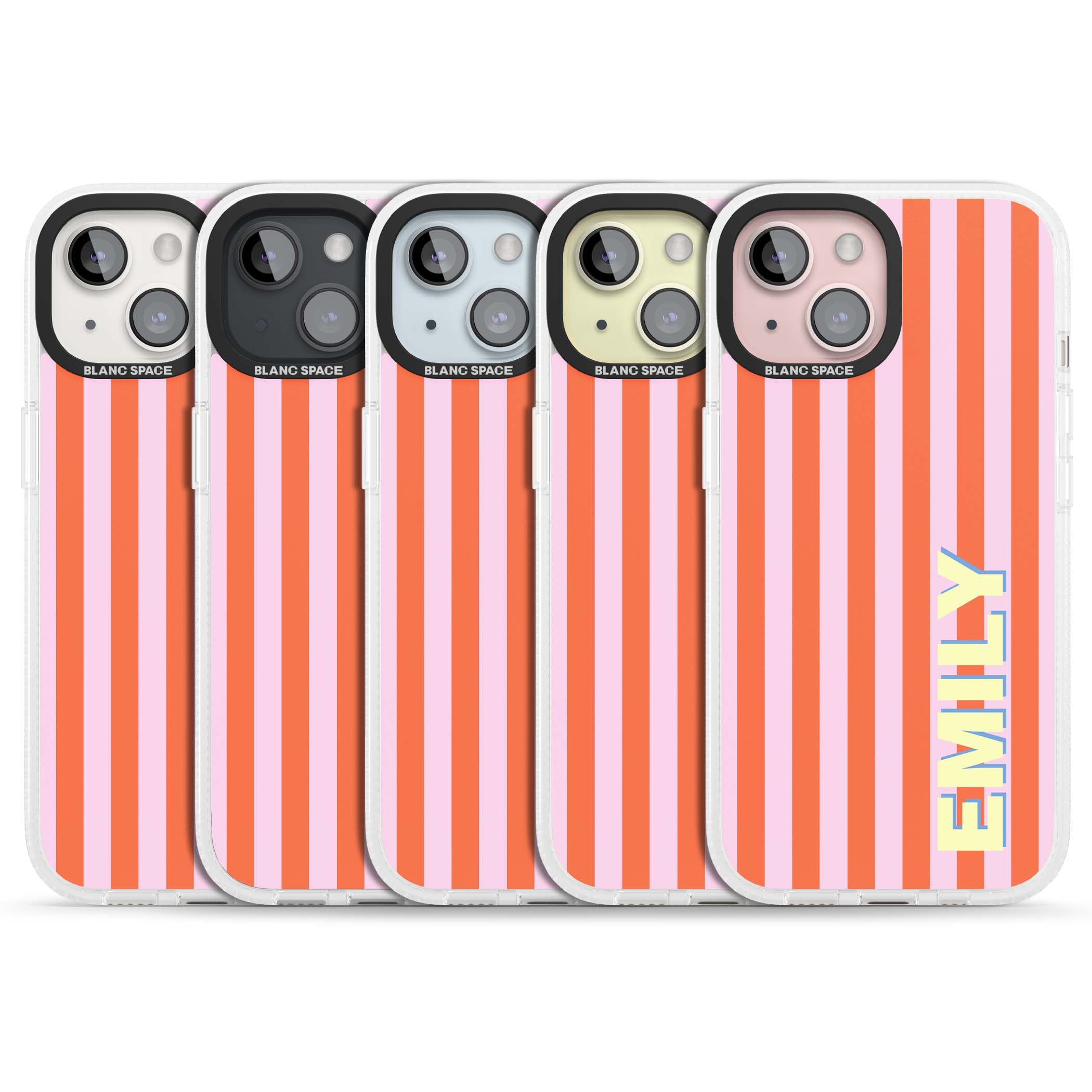 Havana Stripe personalised iPhone case featuring pink and orange vertical stripes with a custom yellow name | Clear Case Impact Air case for iPhone 15, iPhone 15 Plus