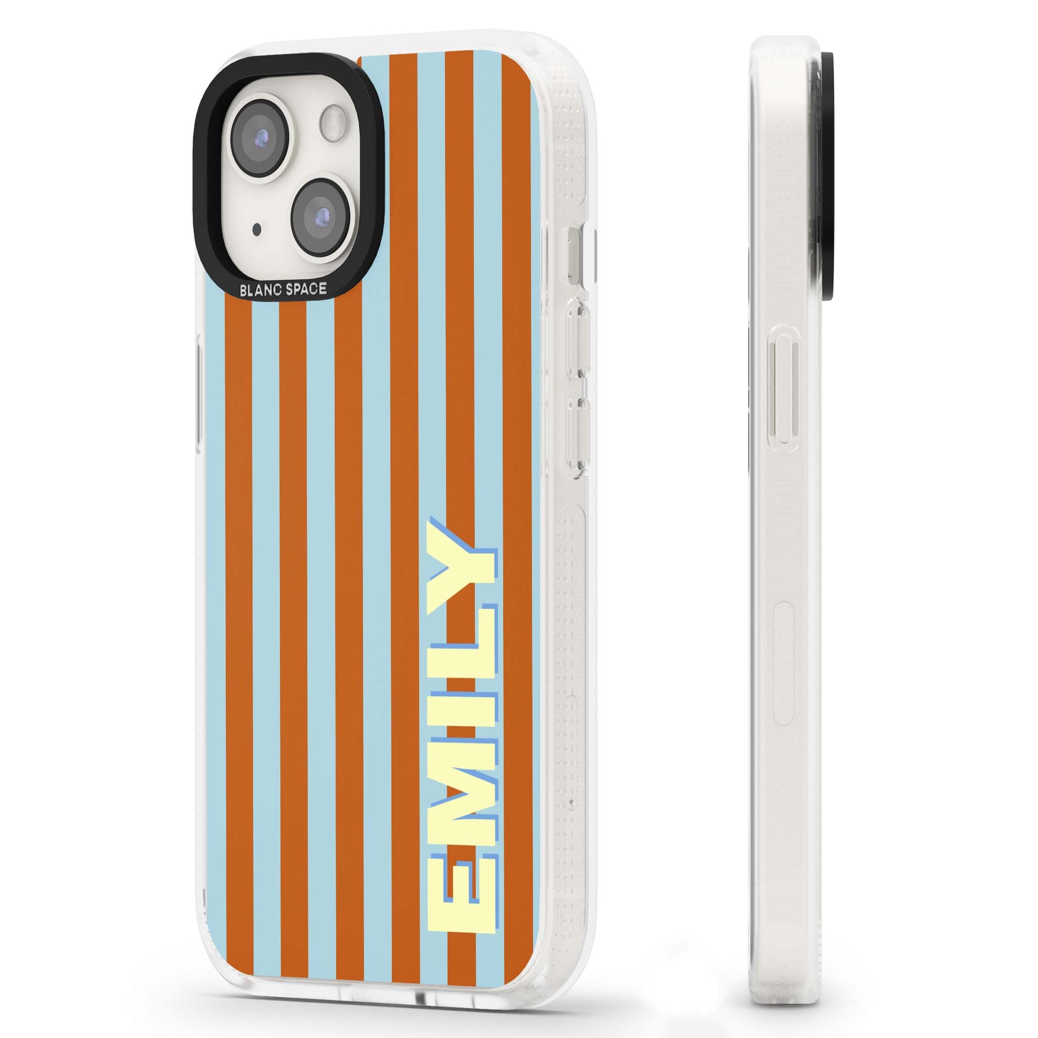 Cappadocia Stripe personalised coastal iPhone case featuring blue and orange vertical stripes with custom cream name | Clear Case Impact Air case for iPhone 15, iPhone 15 Plus