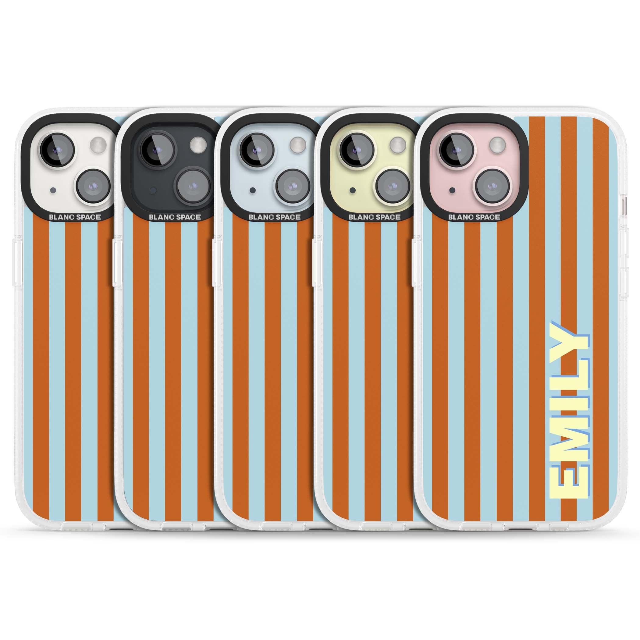 Cappadocia Stripe personalised coastal iPhone case featuring blue and orange vertical stripes with custom cream name | Clear Case Impact Air case for iPhone 15, iPhone 15 Plus