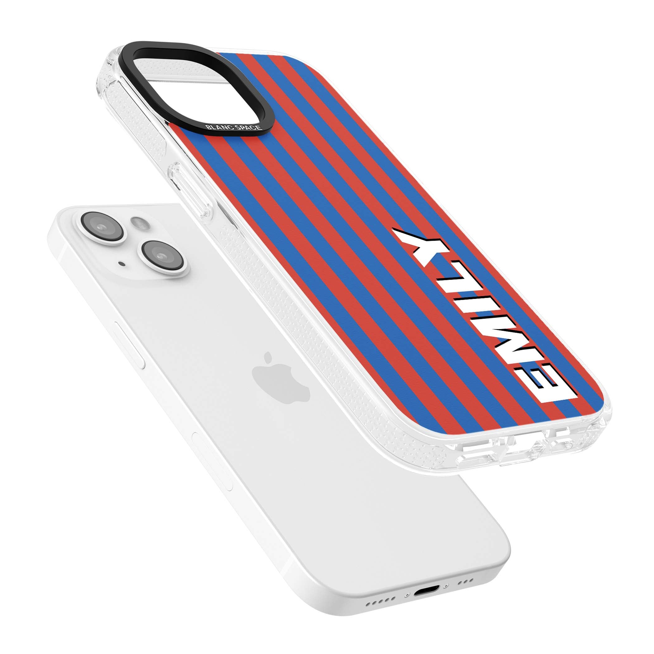 Cuban Stripe personalised iPhone case featuring red and blue vertical stripes with custom name in bold white letters | Clear Case Impact Air case for iPhone 15, iPhone 15 Plus