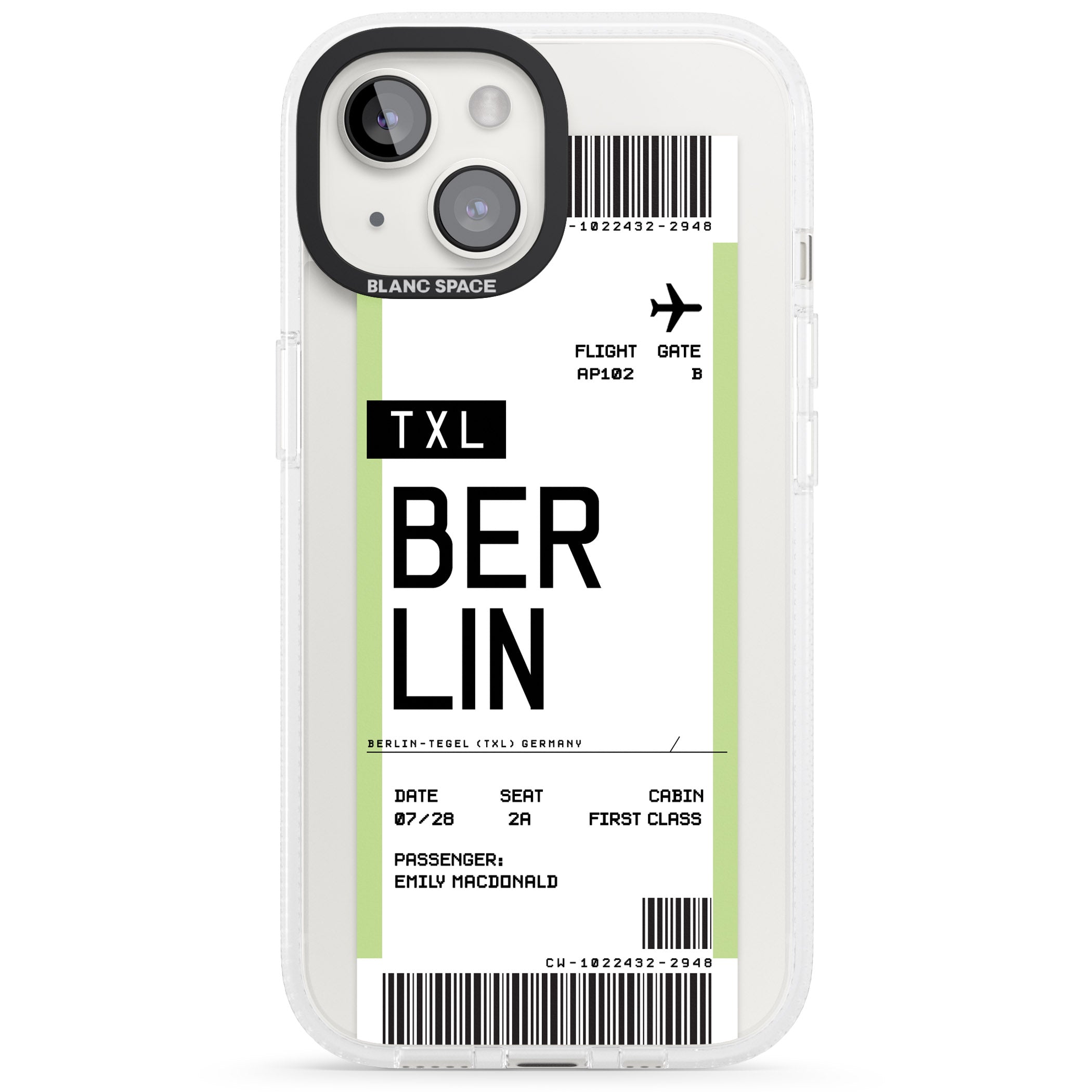 Personalised Berlin Boarding Pass iPhone 15 / 14 / 13 Clear Case Impact Air - Blanc Space