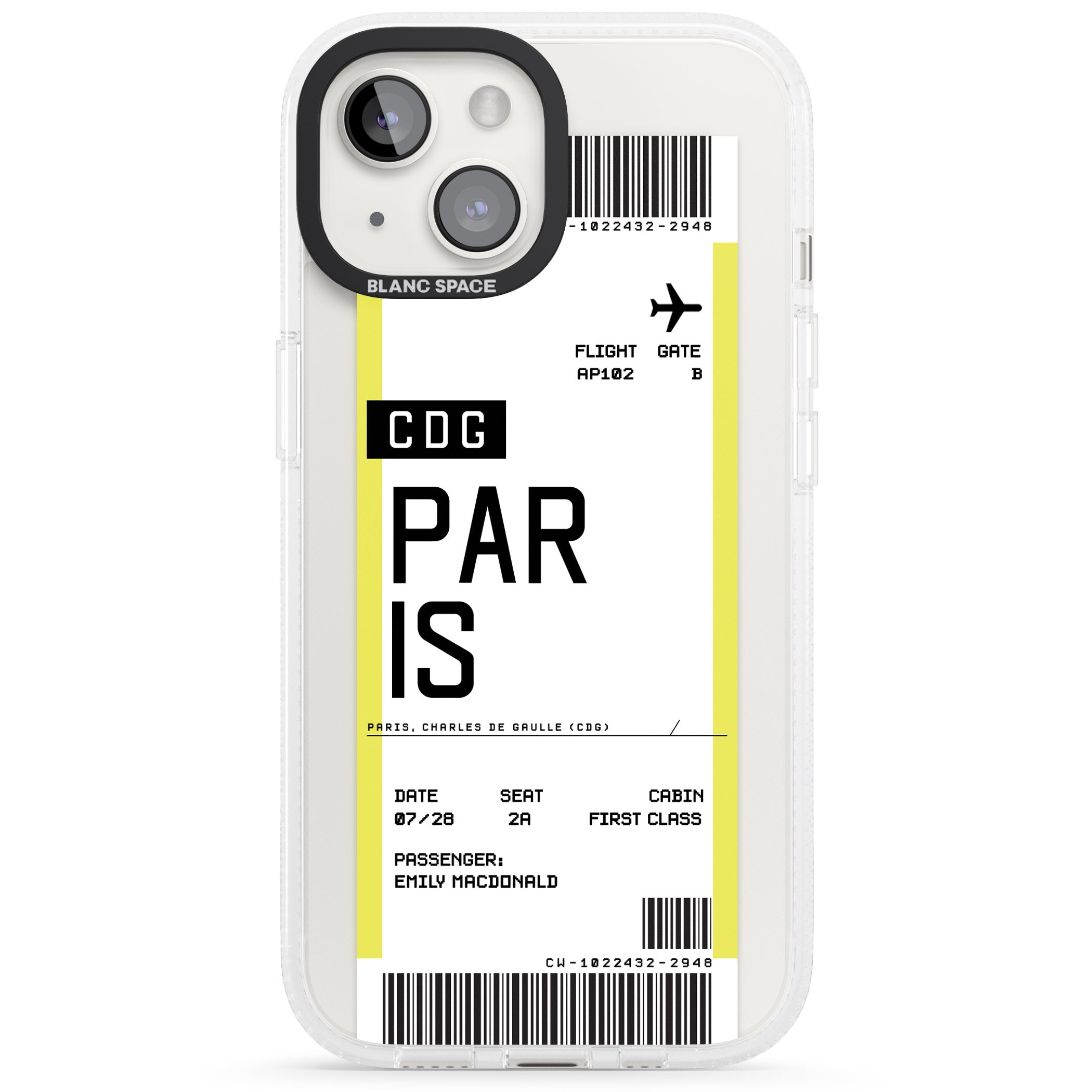 Personalised Paris Boarding Pass iPhone 15 / 14 / 13 Clear Case Impact Air - Blanc Space
