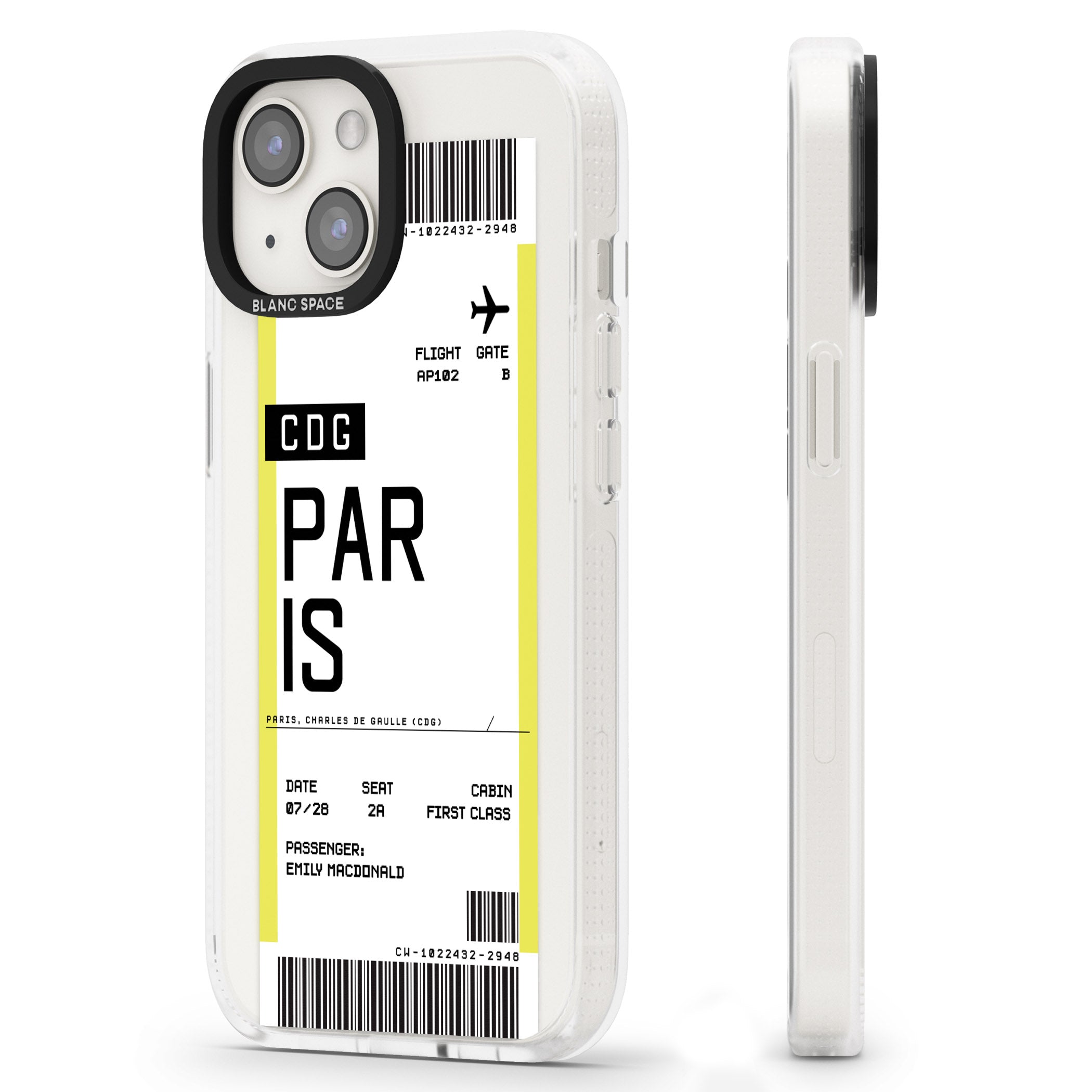 Personalised Paris Boarding Pass iPhone 15 / 14 / 13 Clear Case Impact Air - Blanc Space