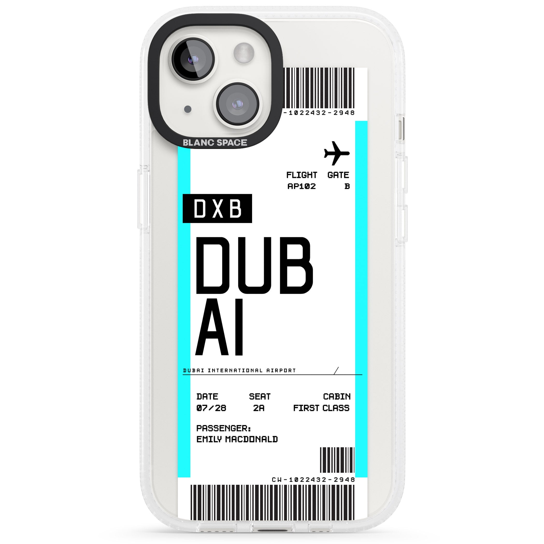 Personalised Dubai Boarding Pass iPhone 15 / 14 / 13 Clear Case Impact Air - Blanc Space