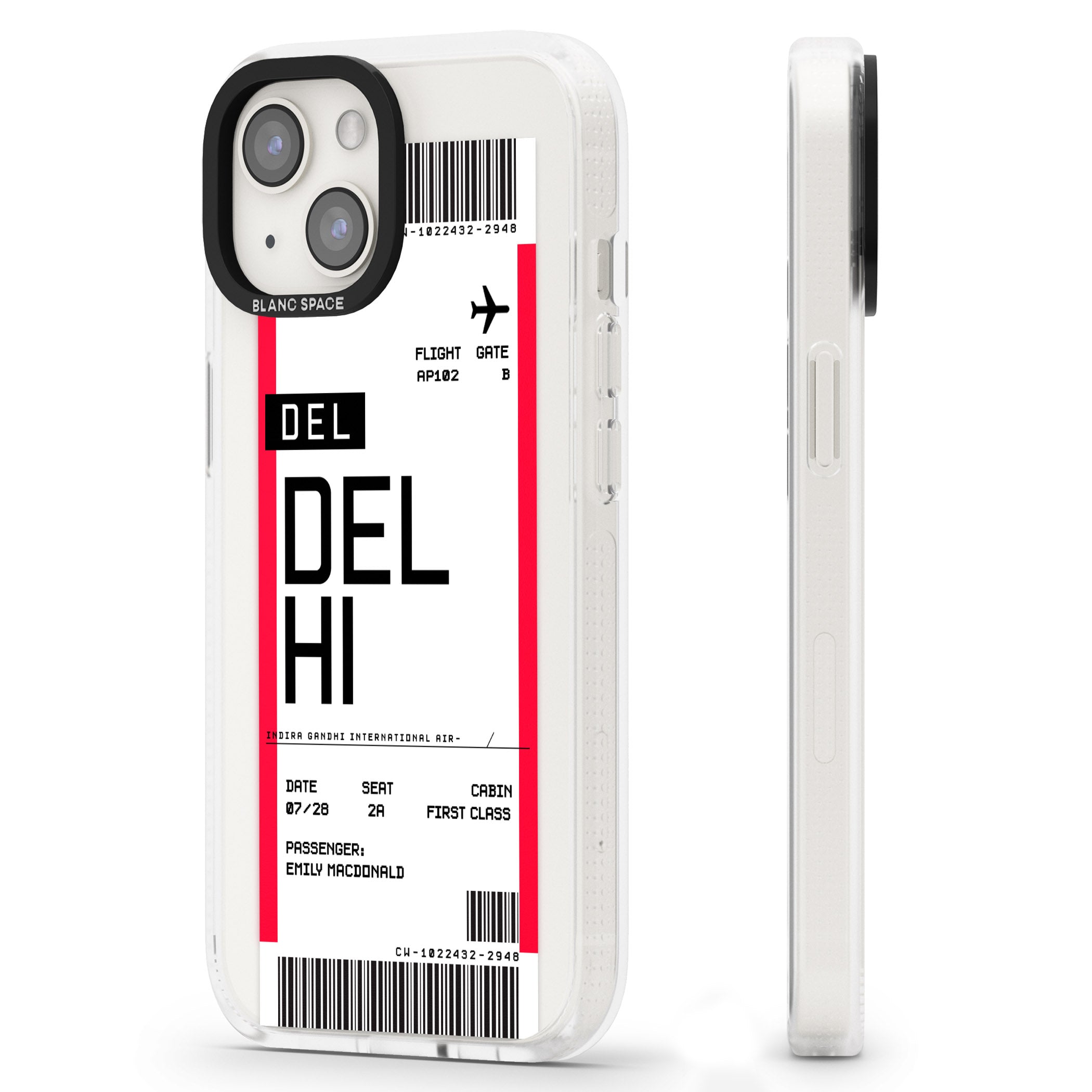 Personalised Delhi Boarding Pass iPhone 15 / 14 / 13 Clear Case Impact Air - Blanc Space