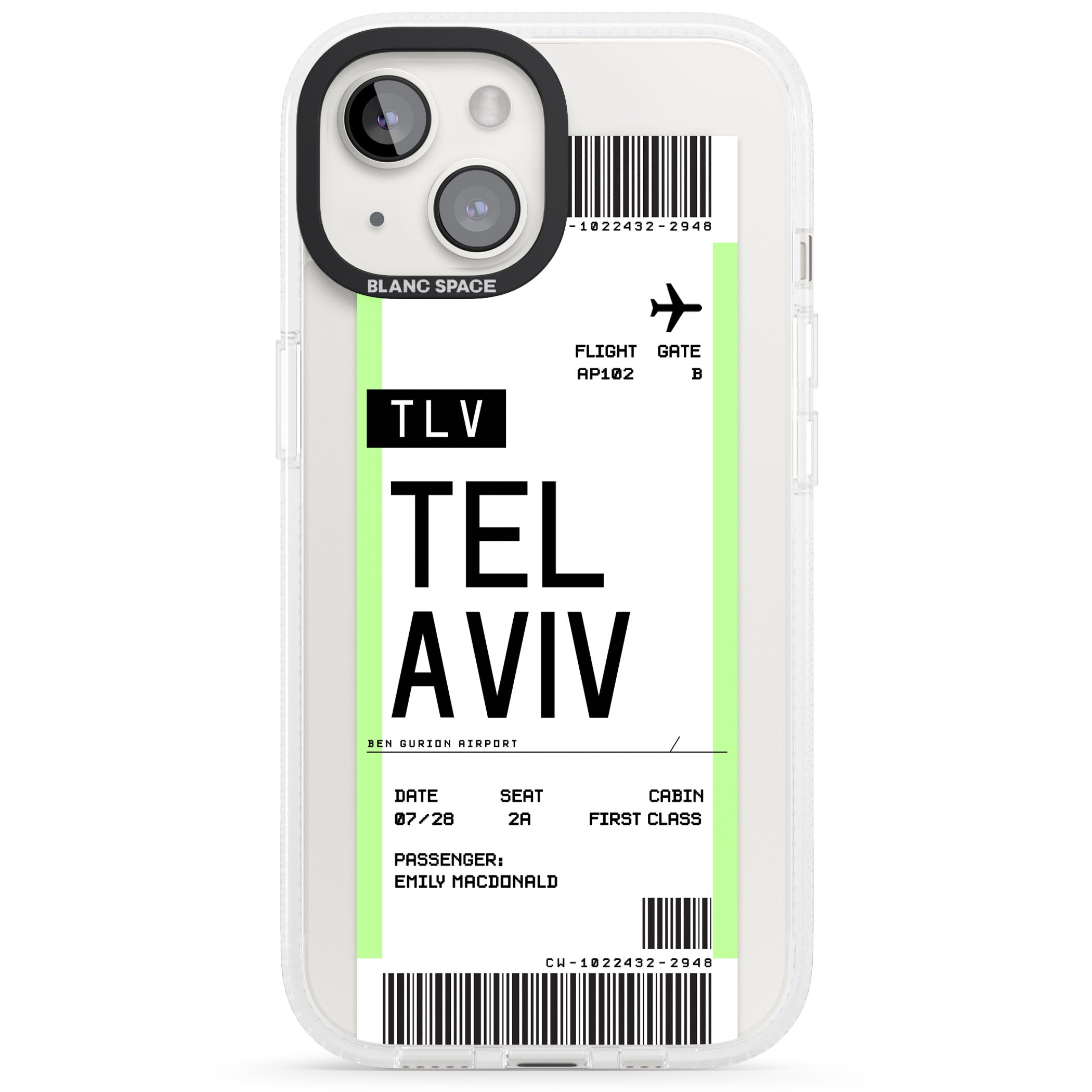 Personalised Tel Aviv Boarding Pass iPhone 15 / 14 / 13 Clear Case Impact Air - Blanc Space