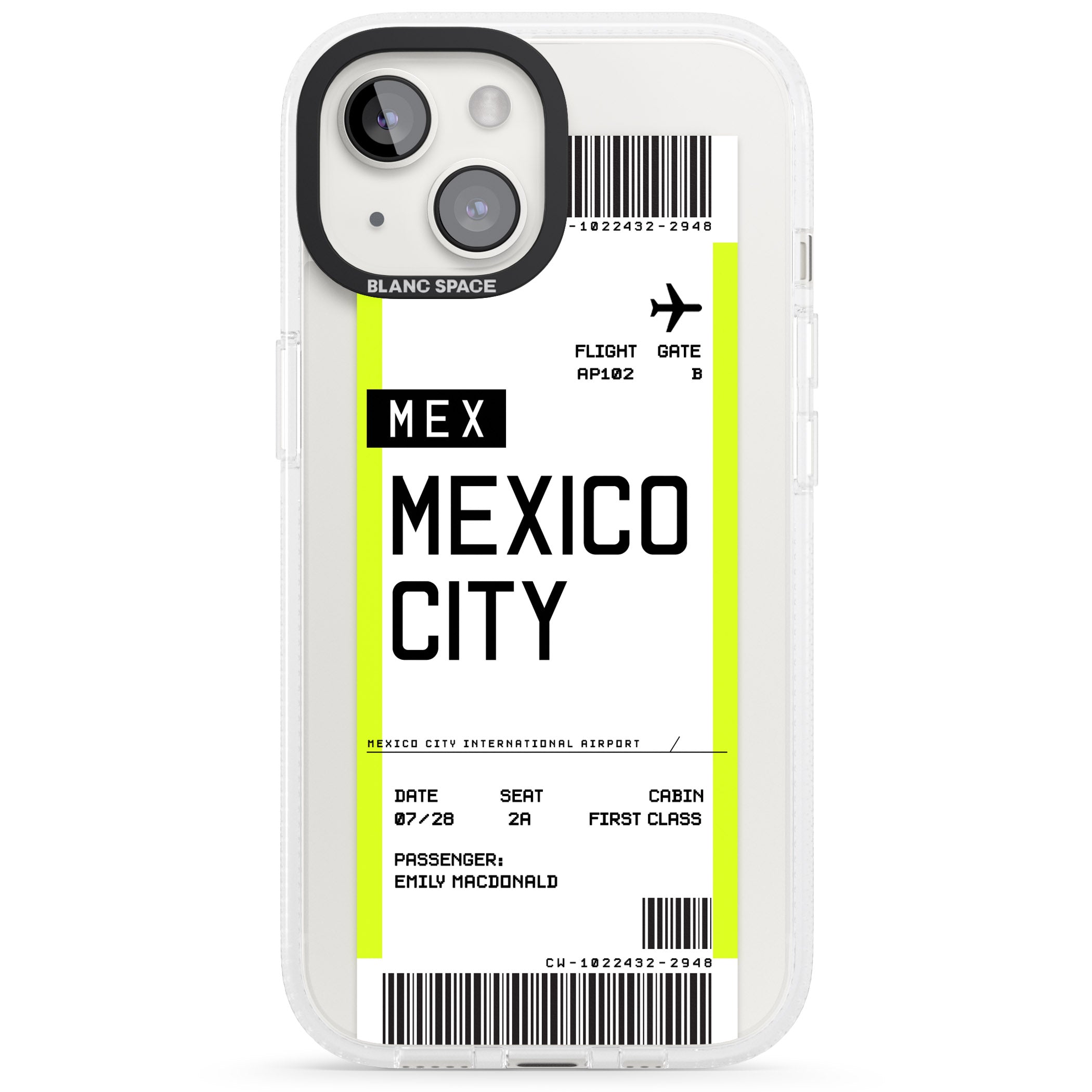 Personalised Mexico City Boarding Pass iPhone 15 / 14 / 13 Clear Case Impact Air - Blanc Space